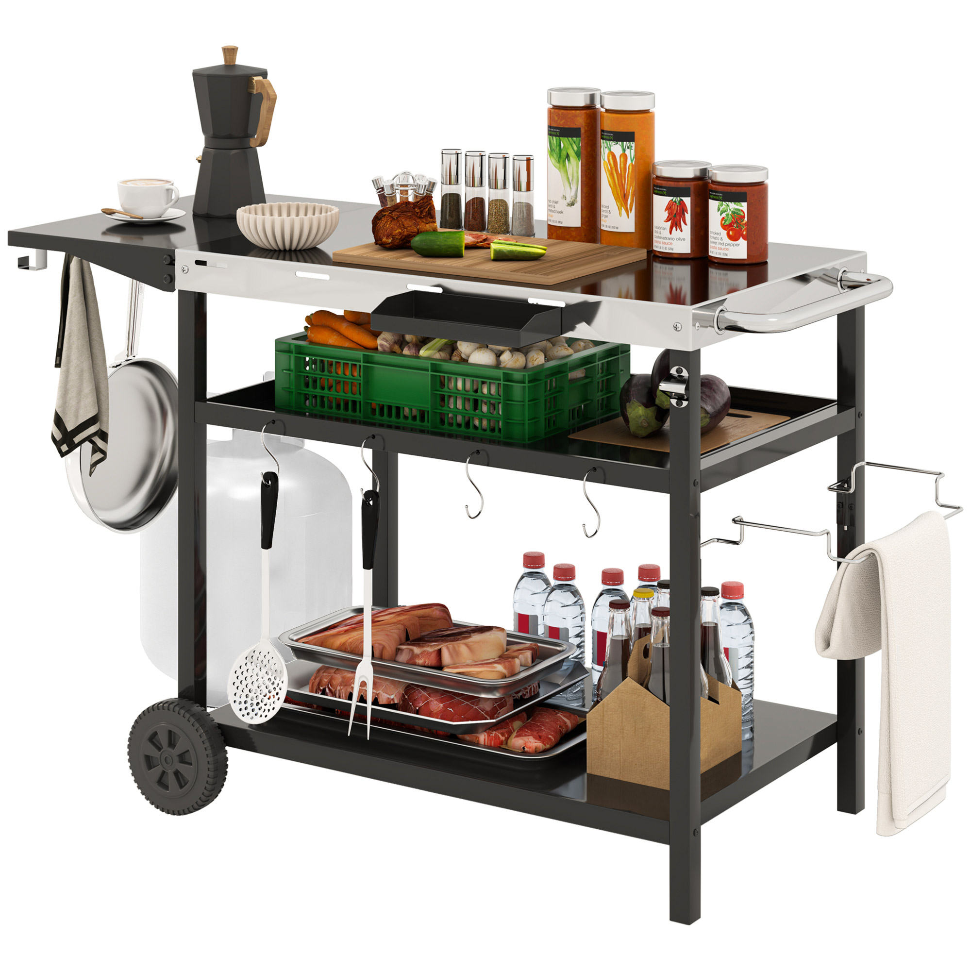 Outdoor Bar Cart Grill Table with Stainless Steel Tabletop, Wheeled Outdoor Serving Cart Prep Table with Storage, Hooks