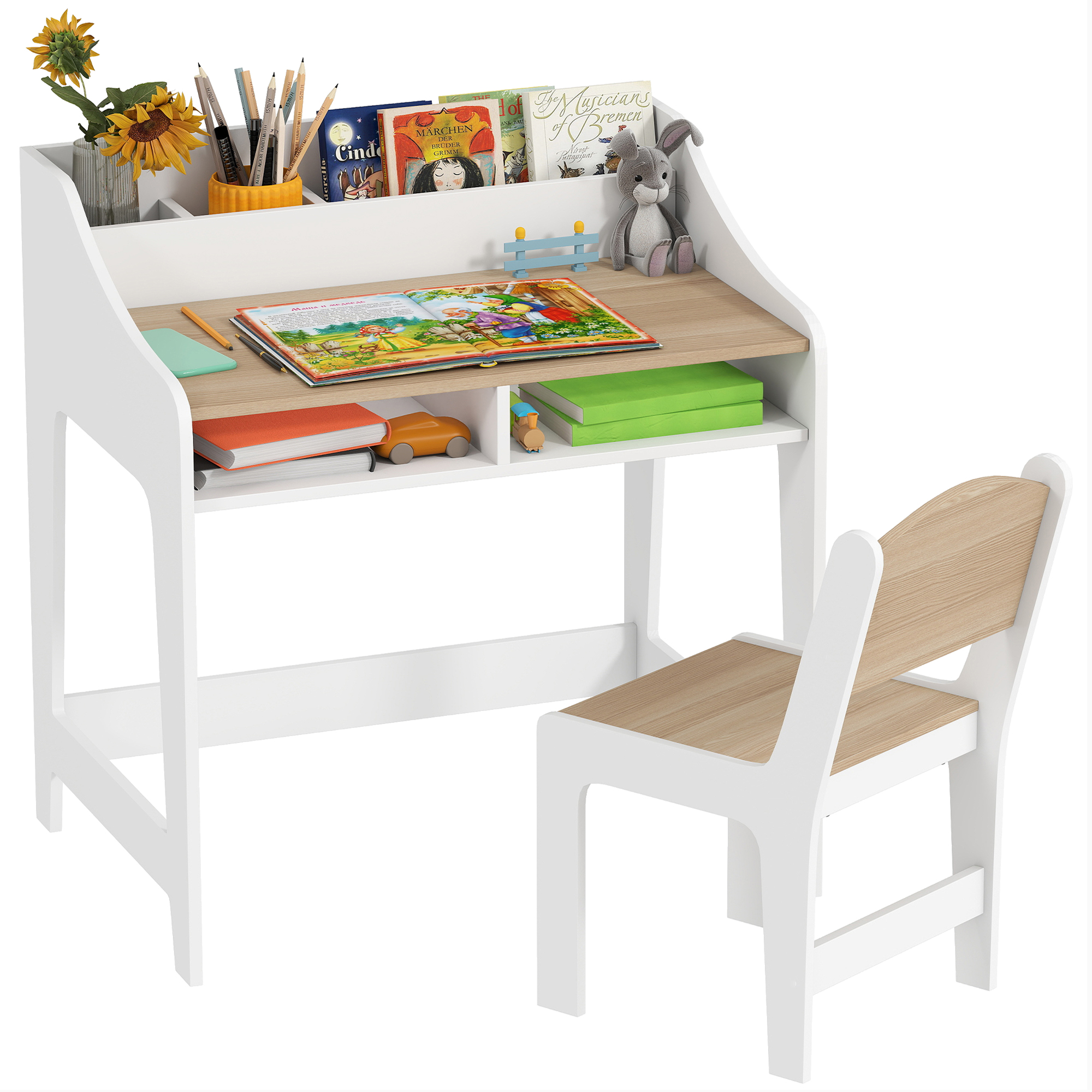 Kids Desk and Chair Set with Storage and Shelves, for Bedroom & Study Room, Gift for 3-8 Years Old, Natural Wood