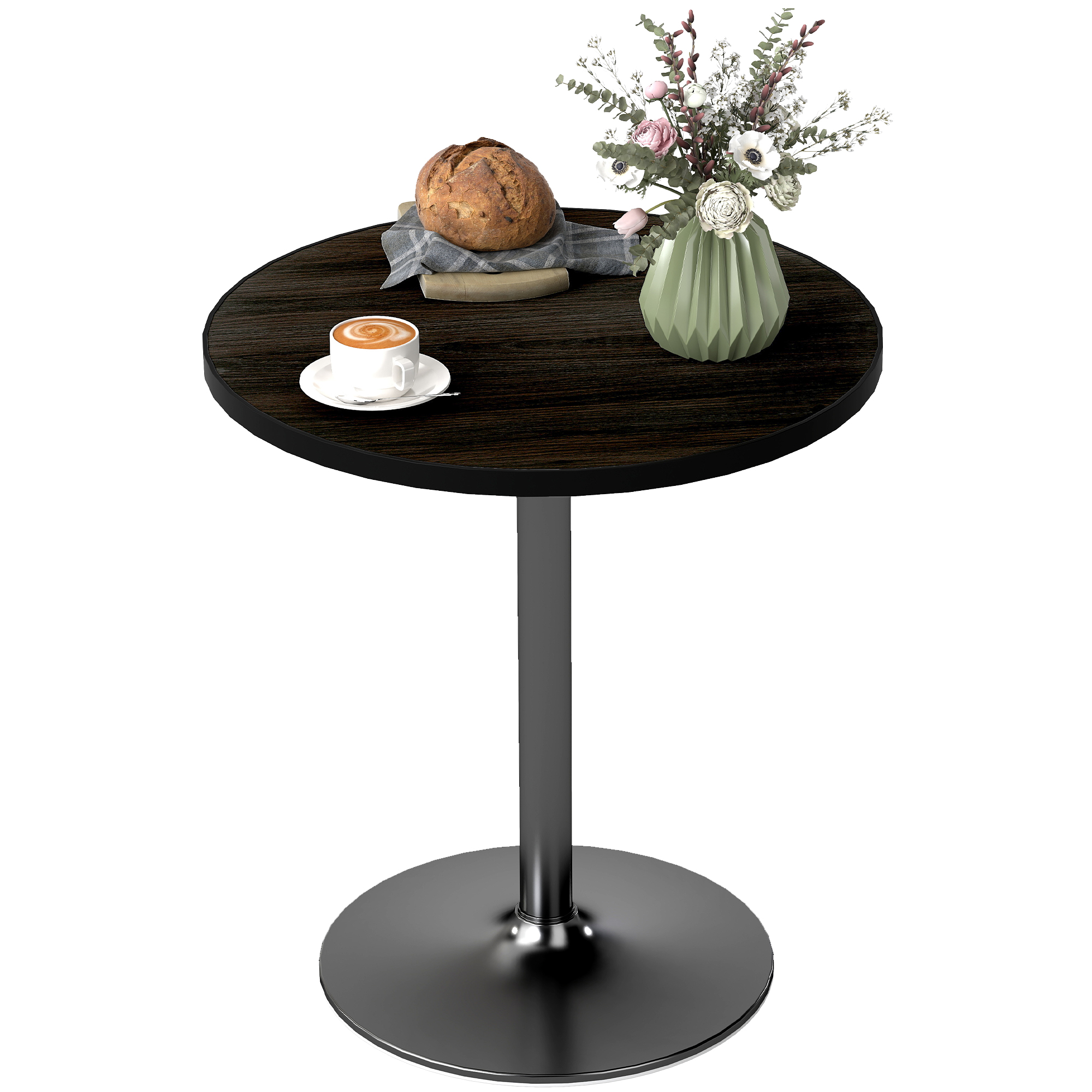 Round Dining Table for 2-4 People, Small Kitchen Table with Wood Grain Top, Black