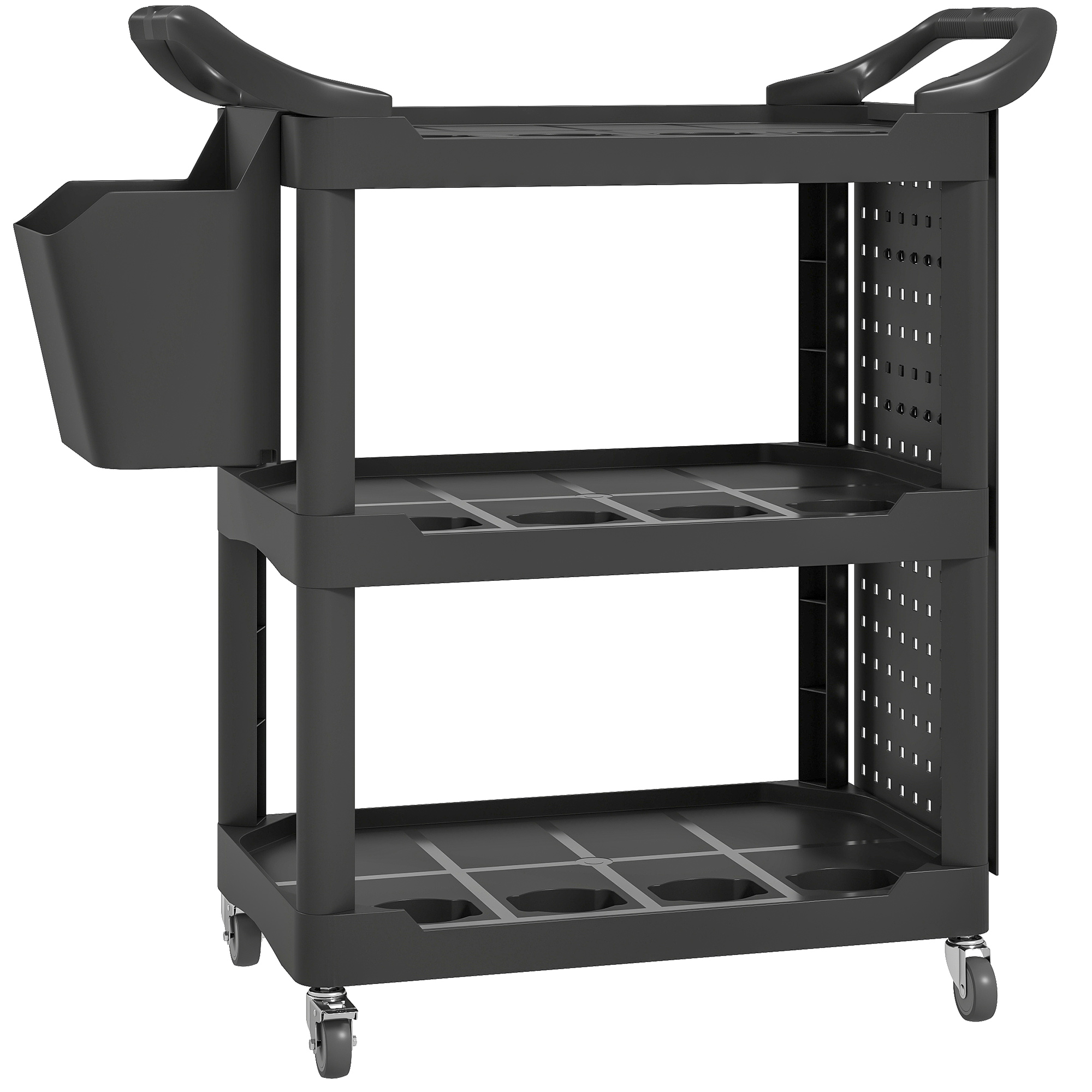 3-Tier Rolling Tool Cart, 200 LBS Capacity Plastic Utility Cart with Side Shelf and Storage Bucket, Black