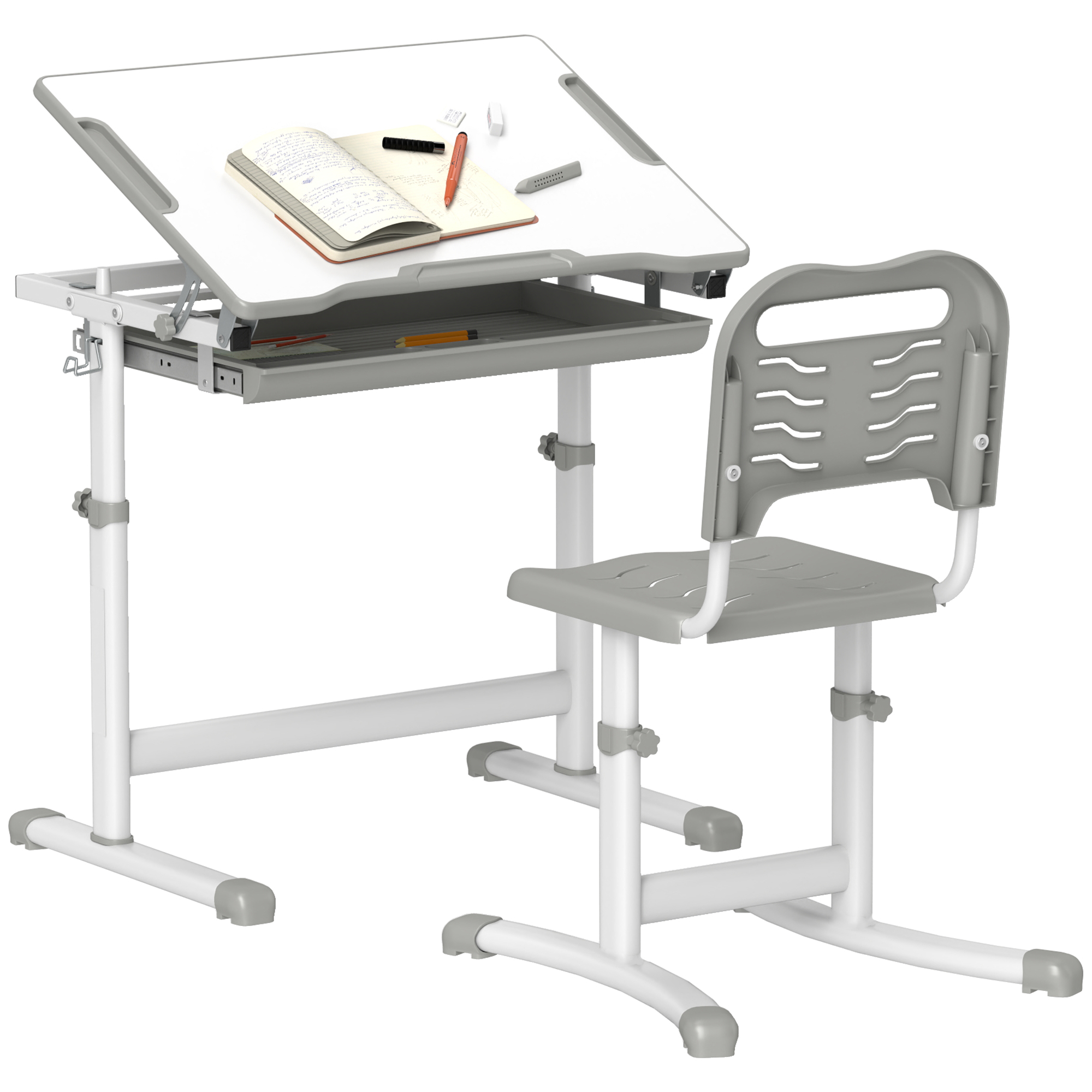 Height Adjustable Kids Desk and Chairs Set with Tilt Desktop, Storage Drawer, Pen Slot, Hook, Gray