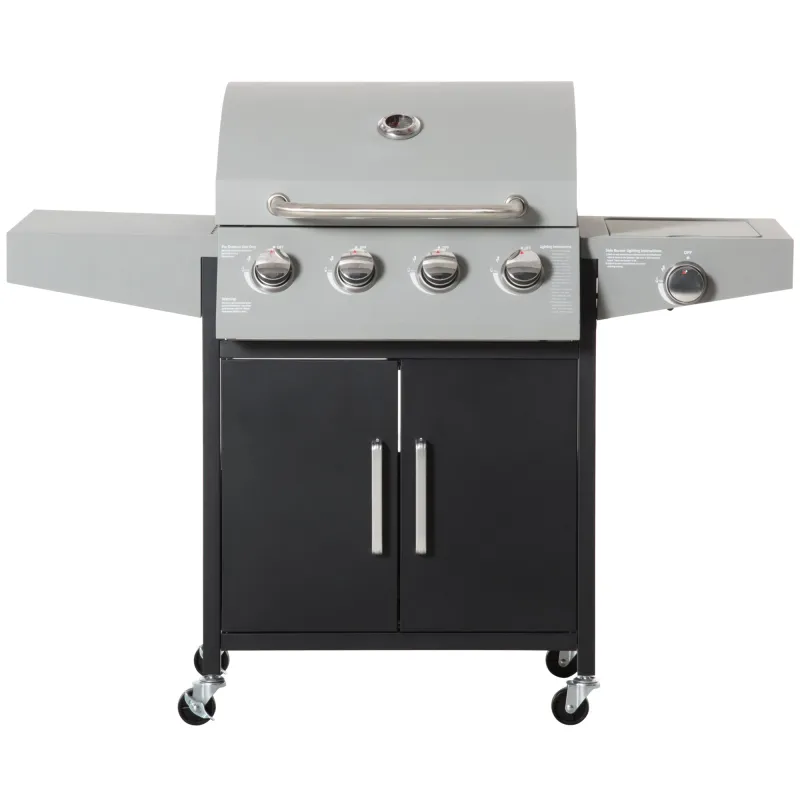 52" Barbecue Grill with Wheels 4+1 Burner Liquid Propane Gas Grill Outdoor Cabinet Style BBQ Trolley w/ Side Burner, Warming Rack, Storage Cabinet
