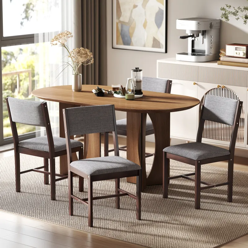 Modern Dining Chairs Set of 4, Linen Fabric Kitchen Chairs with Rubberwood Legs for Dining Room, Living Room, Gray