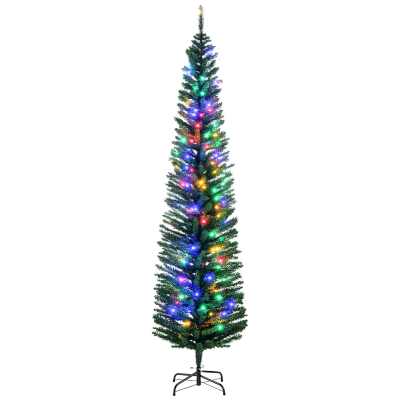 7' Artificial Pencil Christmas Trees Holiday Decoration with Colorful LED Lights, Steel Base, Skinny Shape