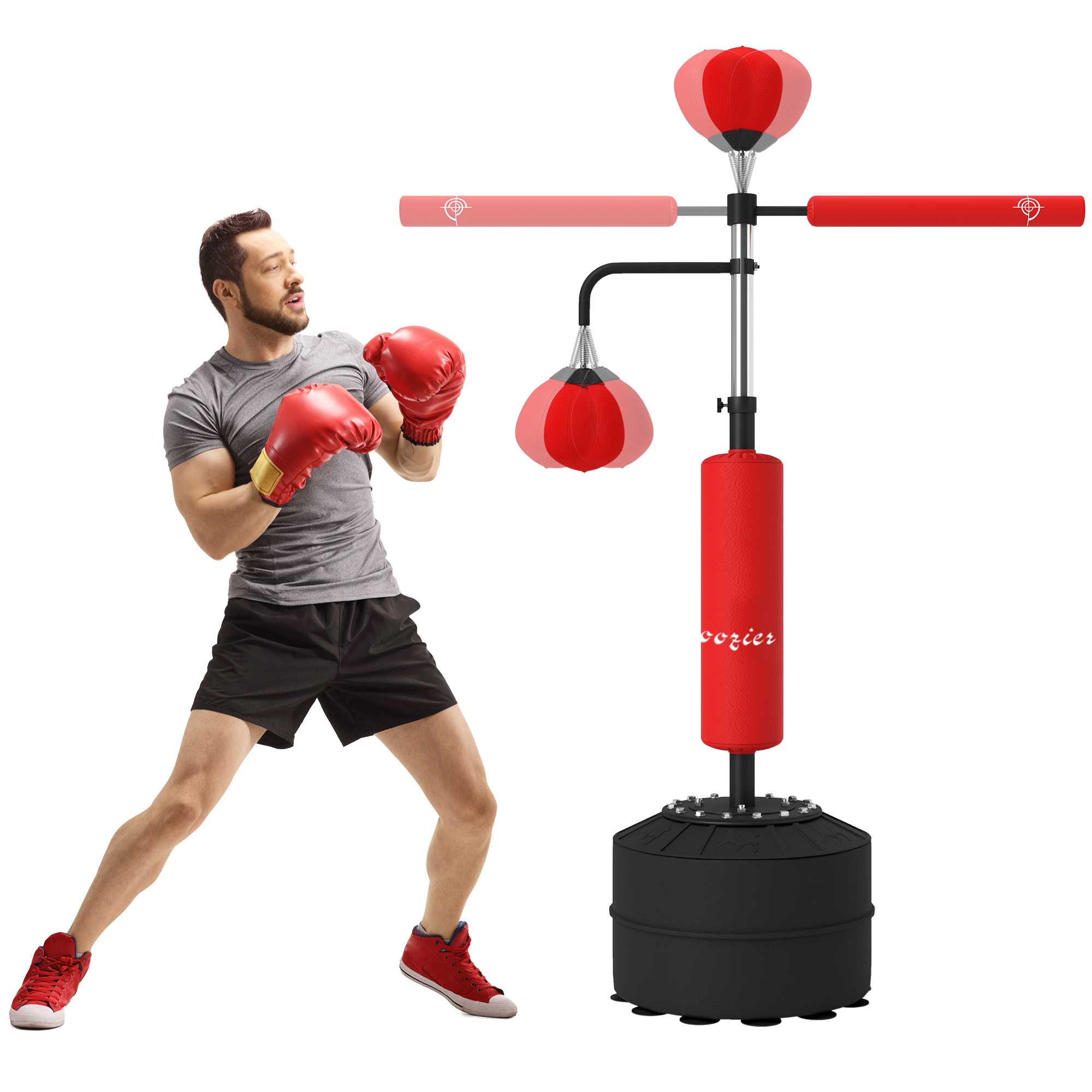 4-in-1 Boxing Punching Bag Stand with 2 Speedballs, 360° Relax Bar, & PU-Wrapped Bag & Adjustable Height, Red