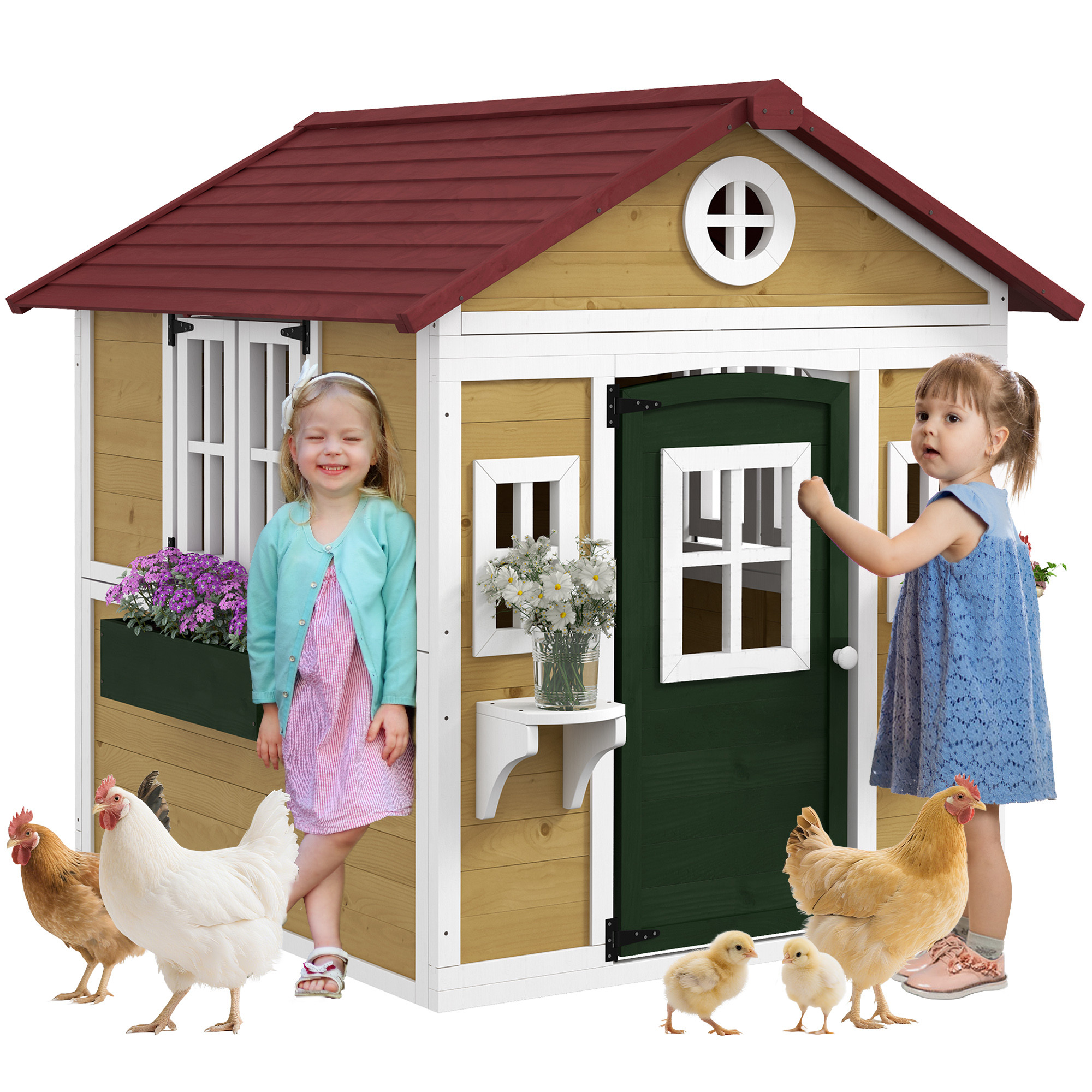 Wooden Playhouse for Kids Outdoor with Doors, Windows, Planter Pots and Boxes for Toddlers 3-8 Years, Beige