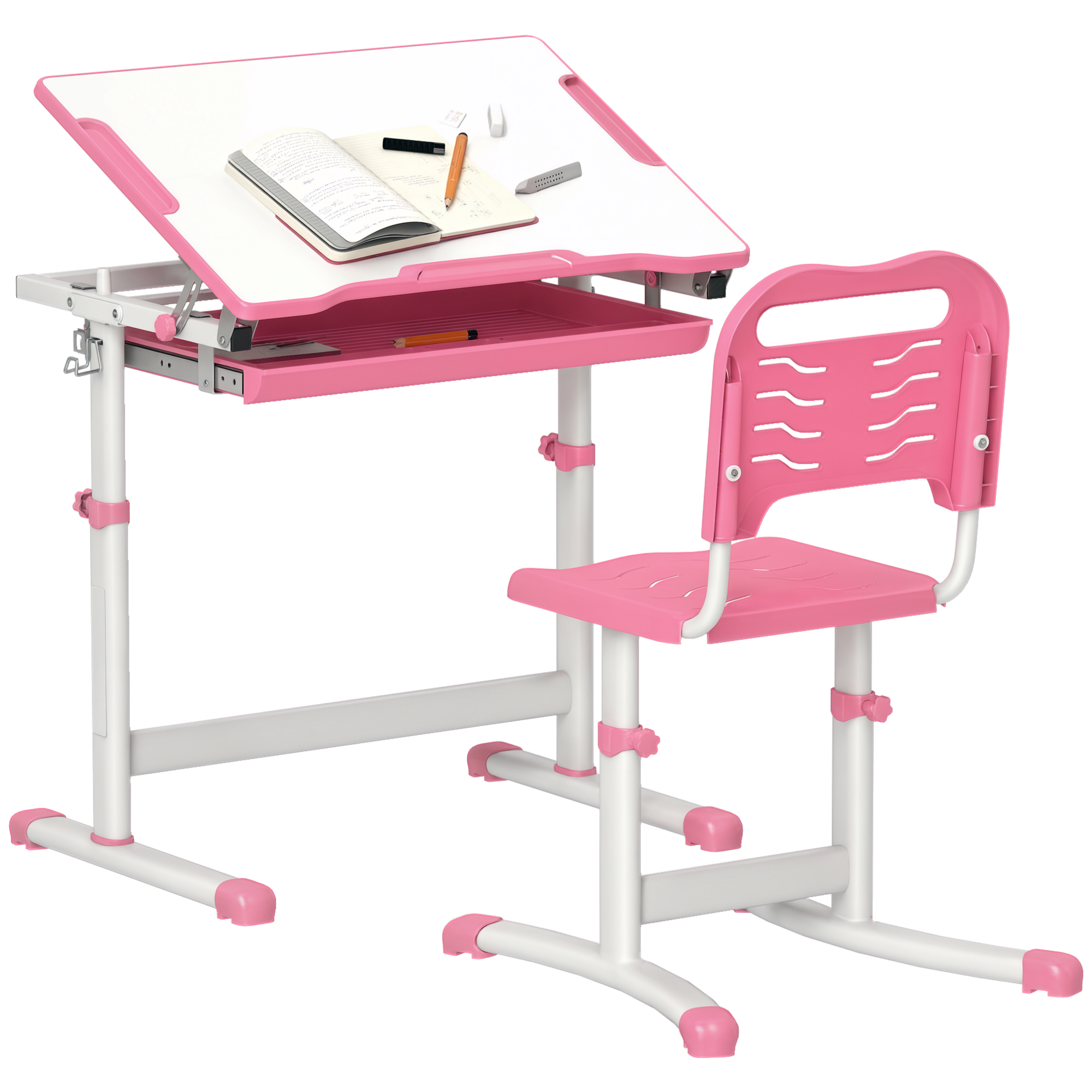 Height Adjustable Kids Desk and Chairs Set with Tilt Desktop, Storage Drawer, Pen Slot, Hook, Pink