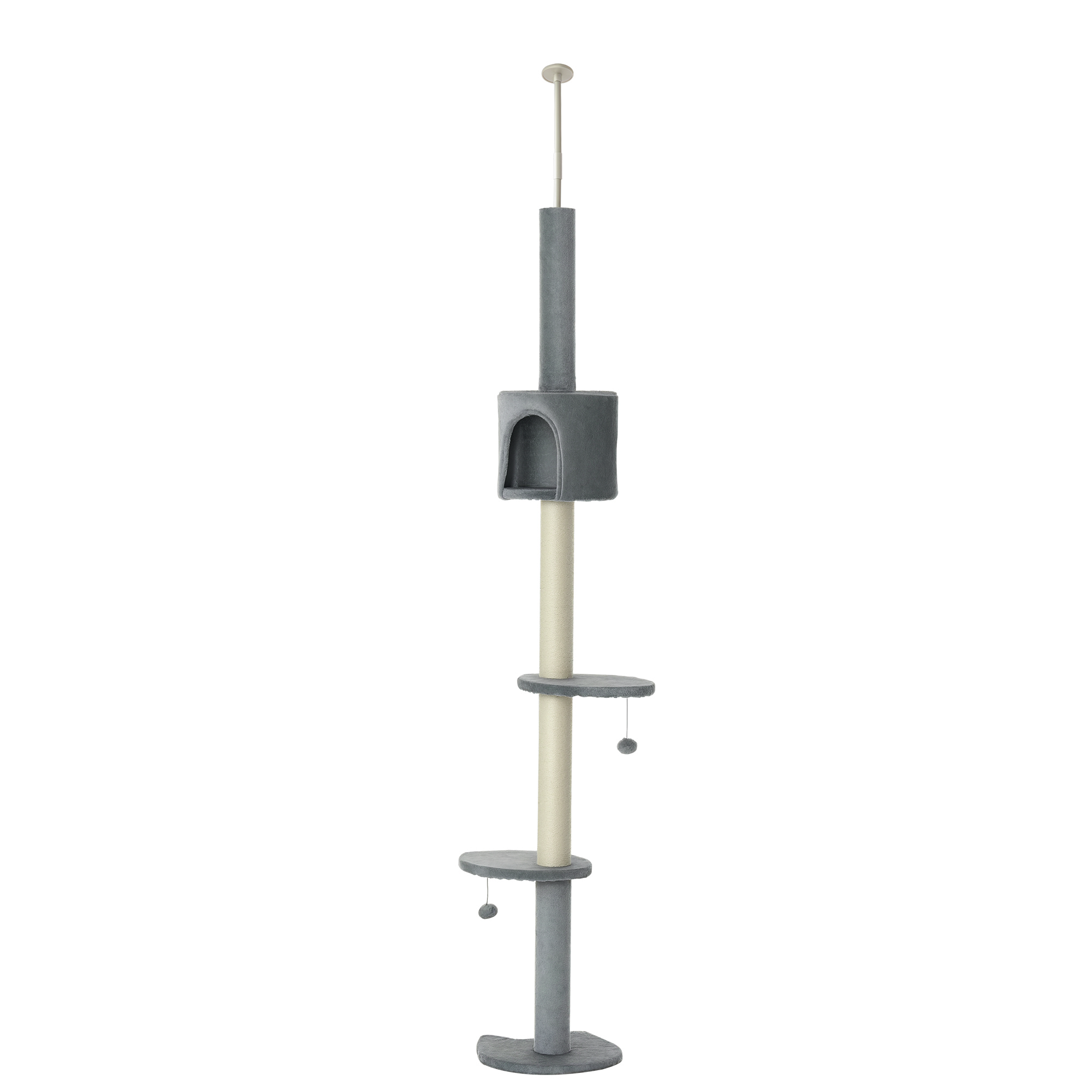 100" Cat Tree Height Adjustable Floor-to-Ceiling 4-Tier Kitty Climbing Activity Center Condo Cat Toy with Scratching Post Hanging Balls Play Rest Post Pet Furniture Grey
