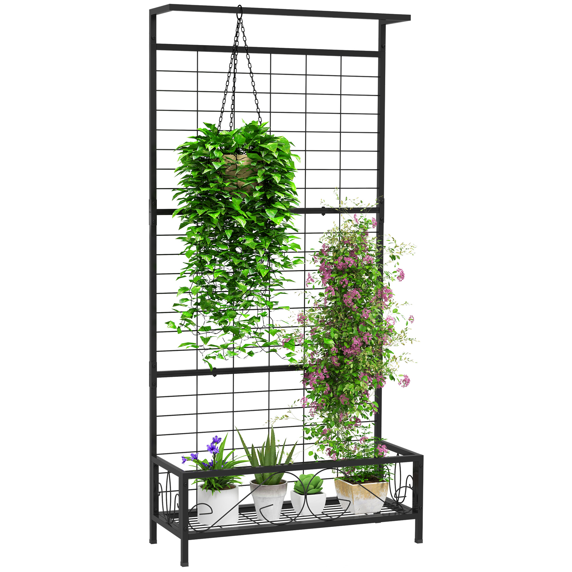 Metal Tall Plant Stand with Trellis and Hanging Bar, Plant Holder for Indoor Outdoor Use, 35" x 12.8" x 74", Black