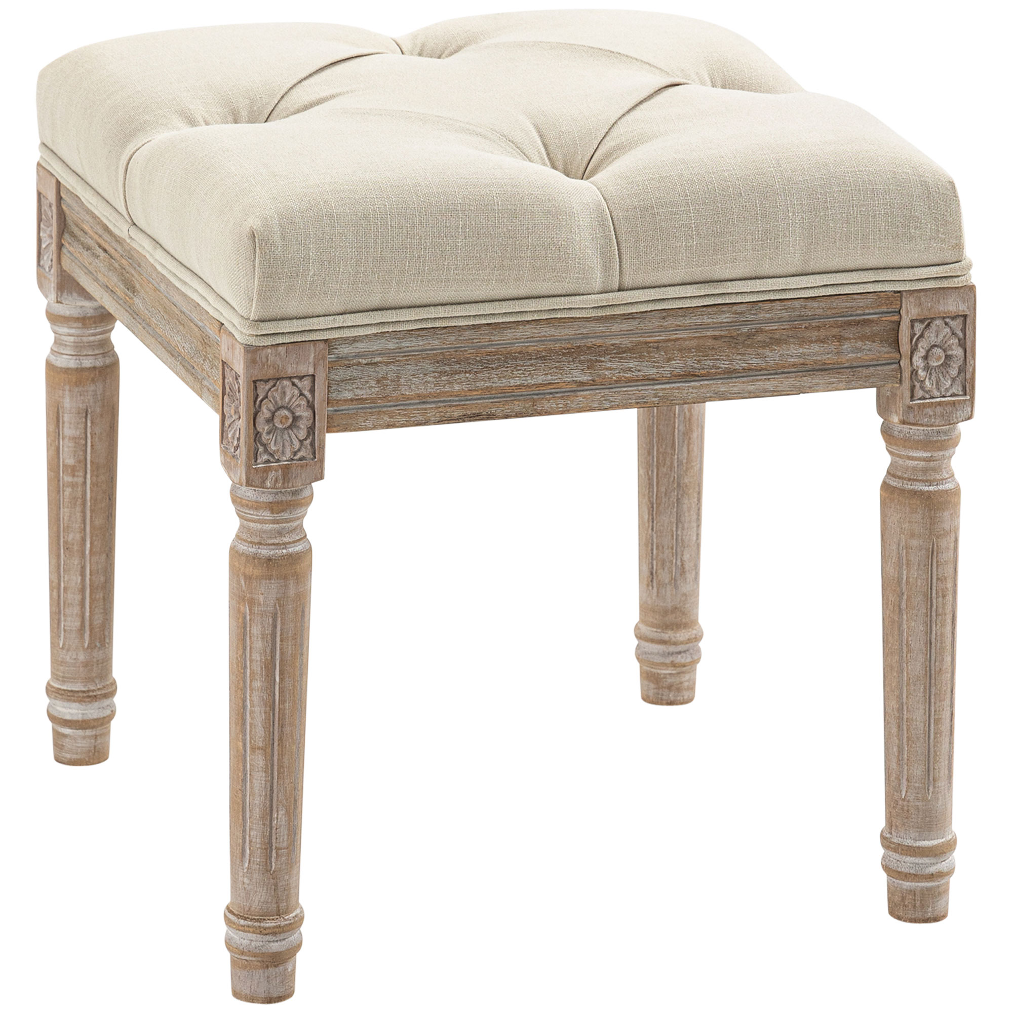 Ottoman Bench Vintage Footrest w/ Button Tufted Seat, Carved Wooden Legs, Beige