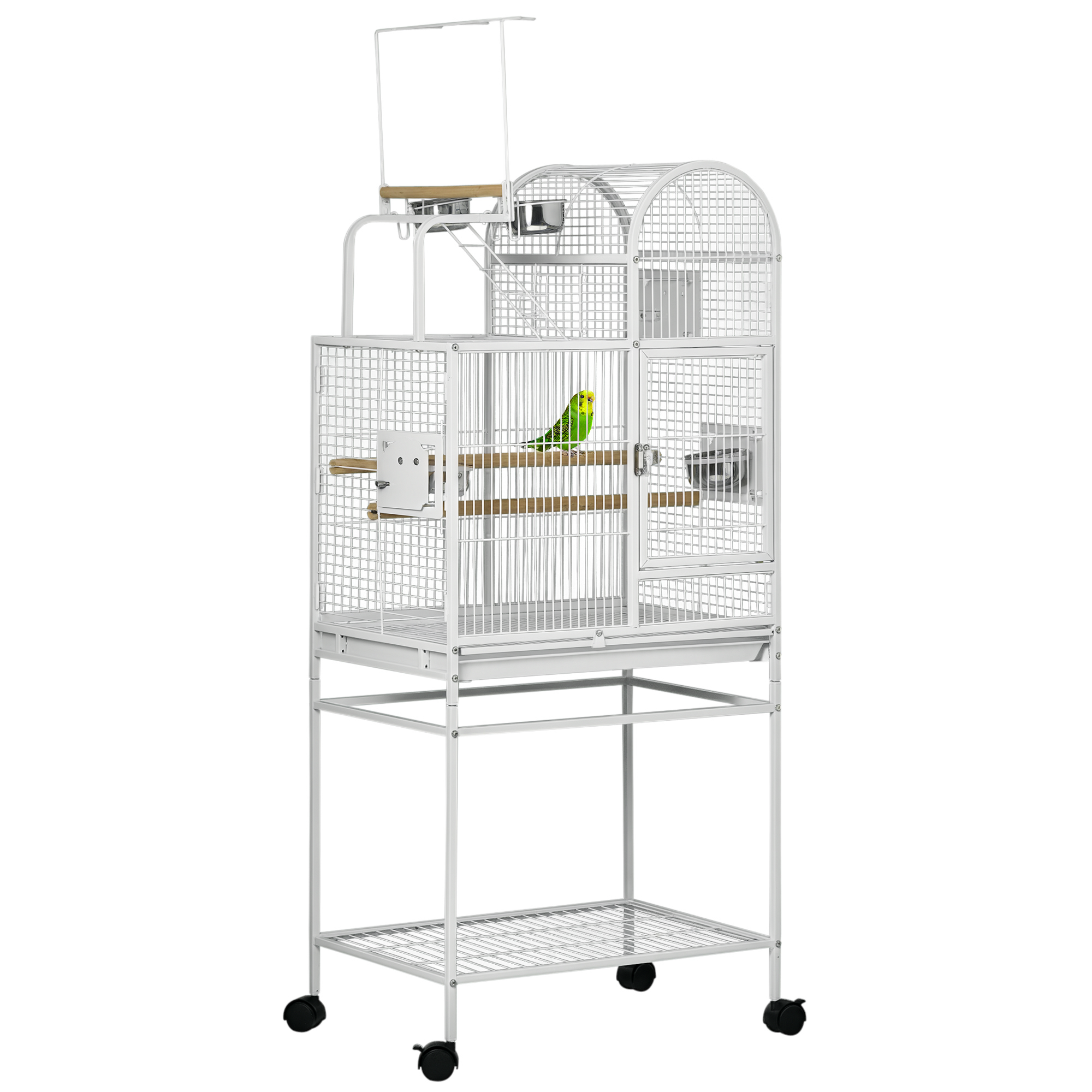 55" Large Parrot Cage with Toy Hooks Above Top Bird Perch, Tray, Food Cups, Rolling Stand, Bird Cage for Cockatiels, Parakeets, Lovebirds