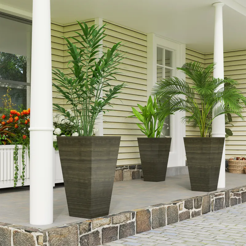 Set of 3 Tall Planters, 28" Outdoor Planter w/ Drainage Holes, Faux Wood Plastic Flower Pots, Dark Brown
