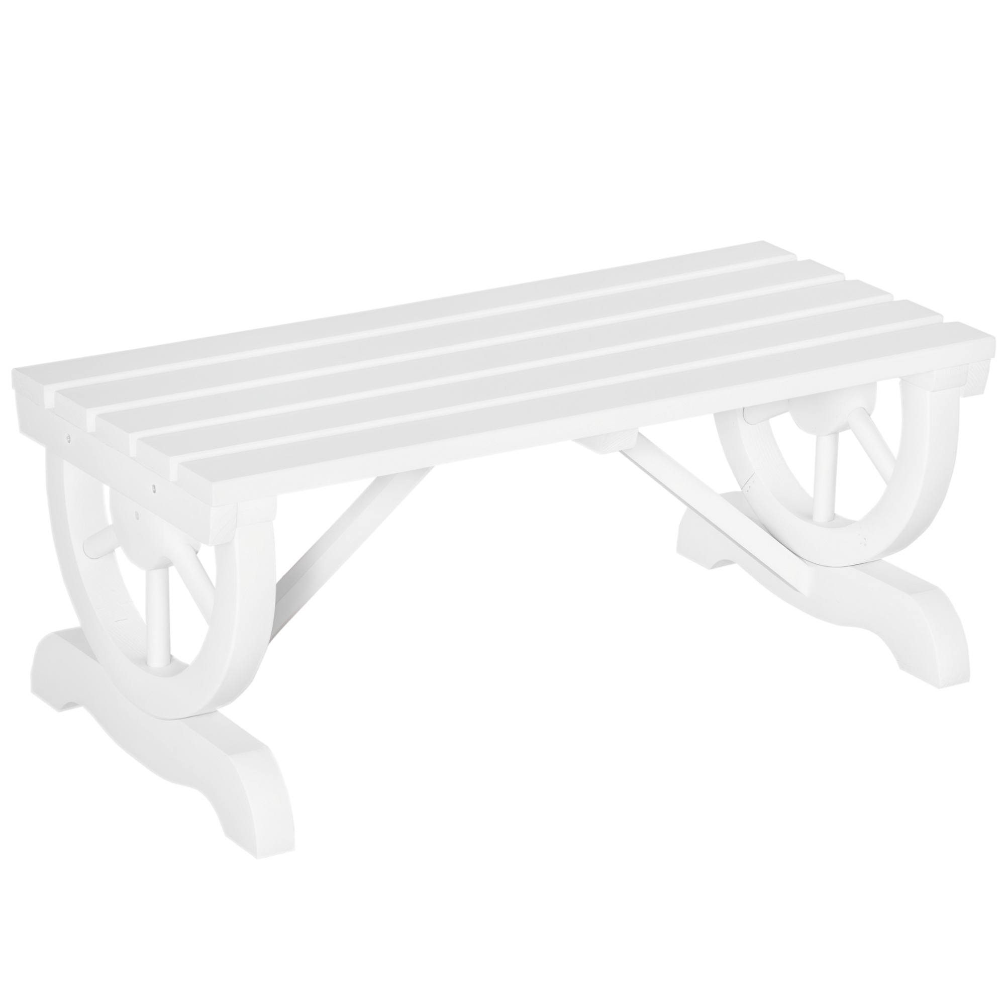 2-Person Wooden Garden Bench, Outdoor Wagon Wheel Porch Bench for Backyard Garden, Support 550 LBS, Rustic Country Style Patio Furniture, White