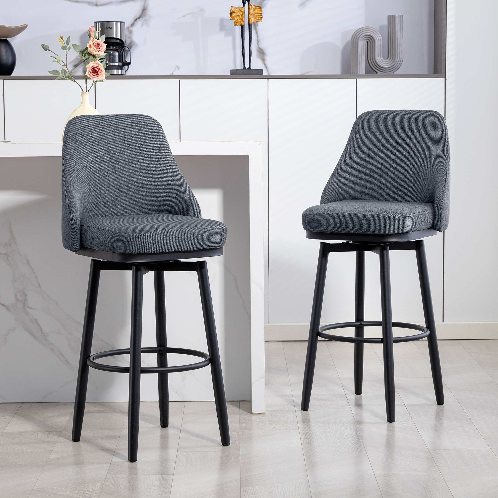 Modern Bar Stools, Set of 2 Swivel Kitchen Chairs, Dark Gray