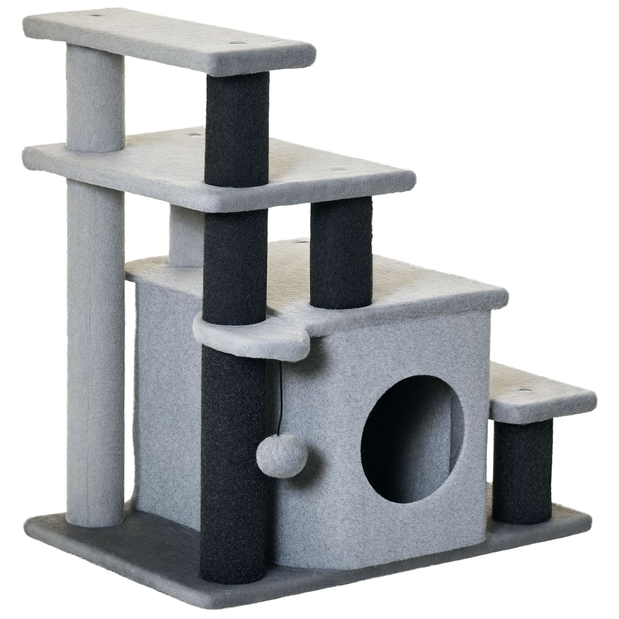Adjustable Height 3 Step/4 Step Cat Stairs with Cat Scratching Post, Cat Condo, Toy Ball, for Bed, Sofa, Couch, Gray