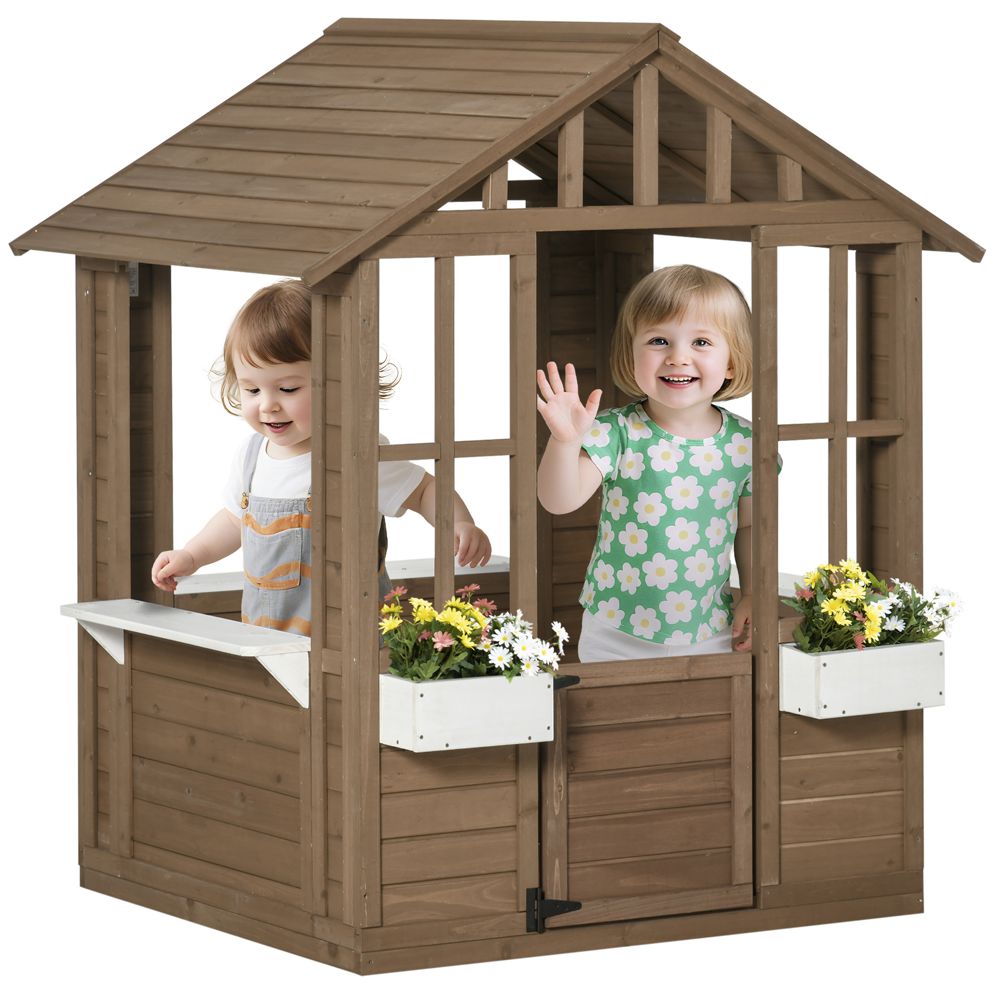 Kids Wooden Playhouse, Outdoor Garden Games Cottage with Flowers Pot Holder, Working Door, Windows, Brown
