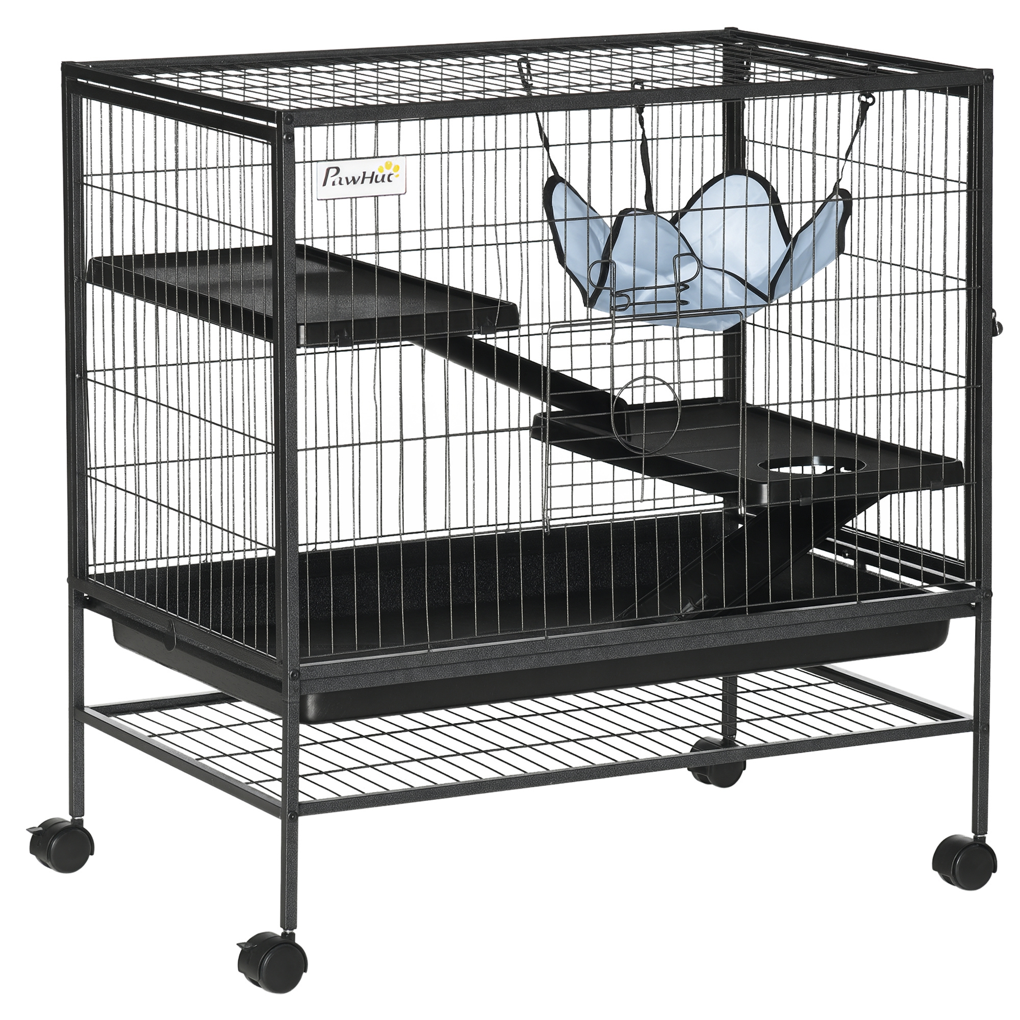 Small Animal Cage with Wheels, Pet Playpen for Rat, Syrian Hamster, Kitten, Ferrets, Chinchillas with Bottom Storage Shelf, Removable Tray, Ramp, 31.5" x 20.5" x 33.1"