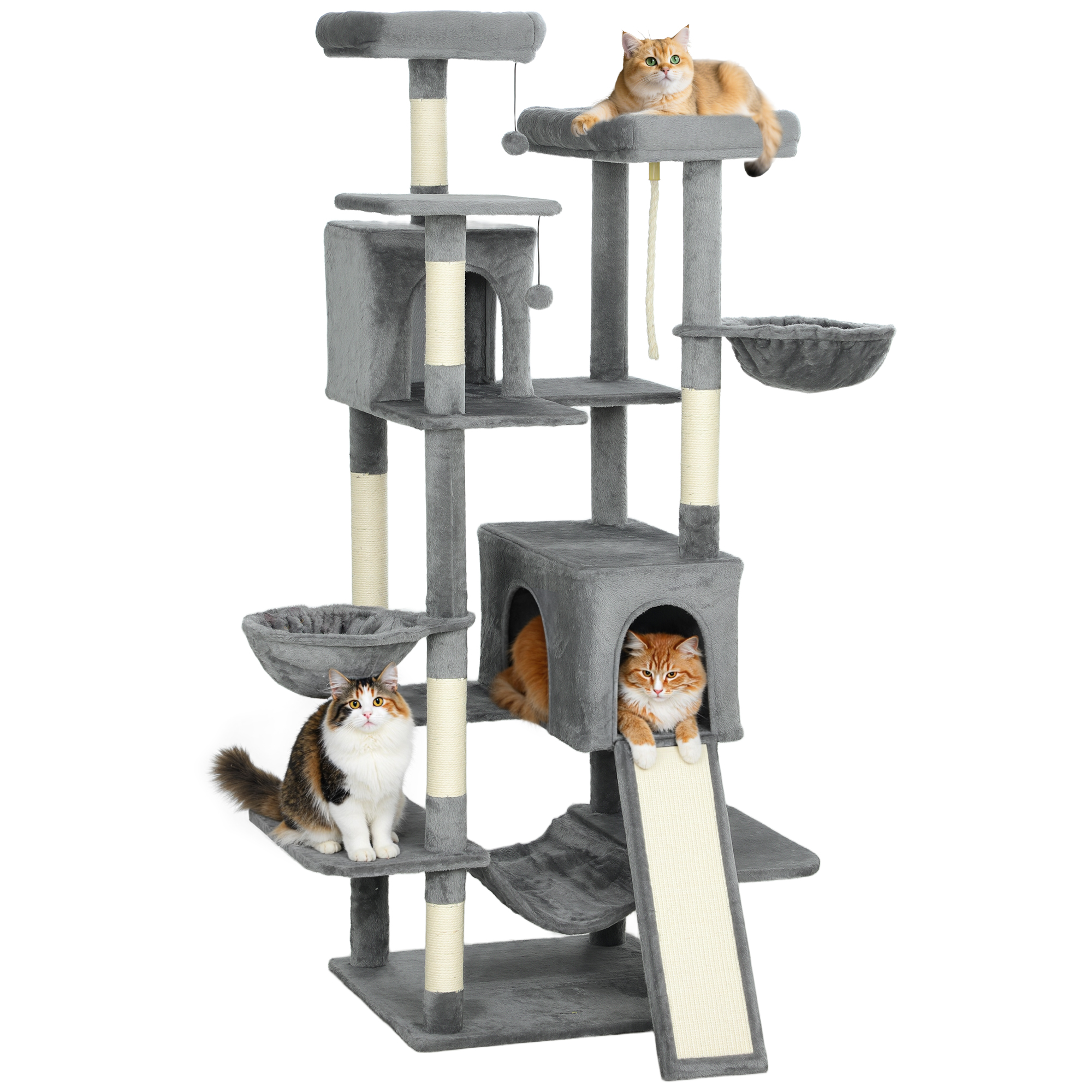 69" Cat Tree, Multi-Level Cat Tower with 2 Condos and 3 Hammocks, 8 Scratching Posts, for Multiple Cats, Dark Gray