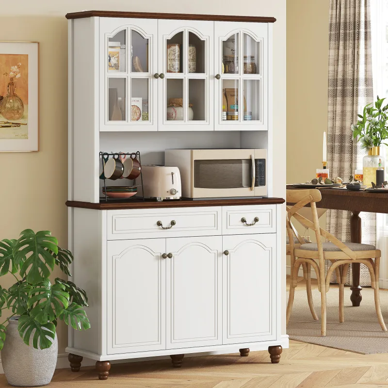 Kitchen Buffet with Hutch 6 Door 2 Drawer Adjustable Shelves, White