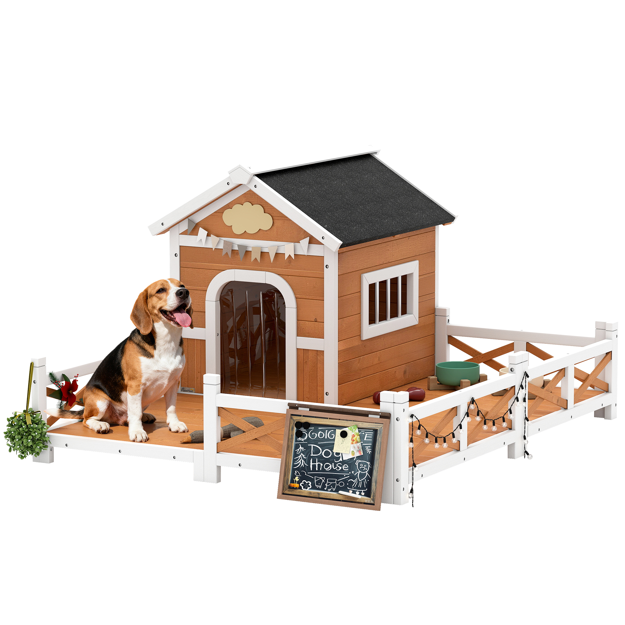Outdoor Wooden Dog House, Dog Shelter with Large Porch, Weatherproof & Openable Roof, Elevated Base, Removable Floor