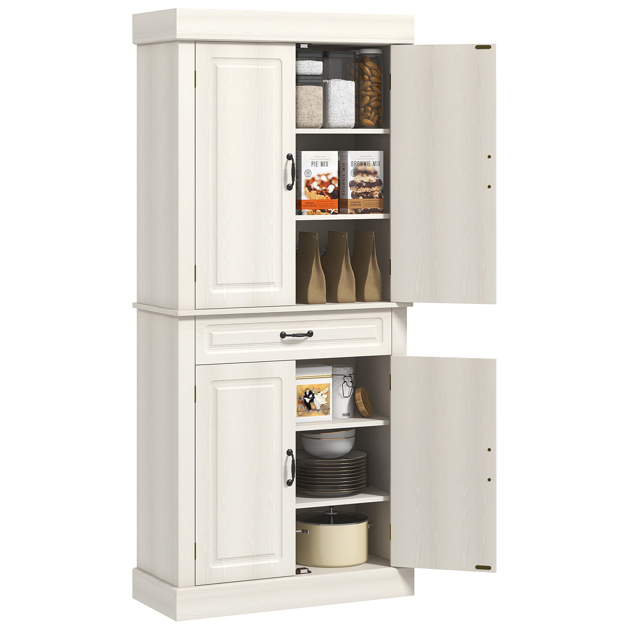 71" Freestanding Kitchen Pantry with 4 Doors and 2 Large Cabinets, Tall Storage Cabinet with Drawer, Distressed White