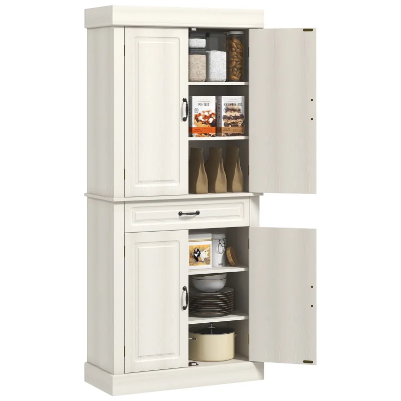 71" Freestanding Kitchen Pantry with 4 Doors and 2 Large Cabinets, Tall Storage Cabinet with Drawer, Distressed White