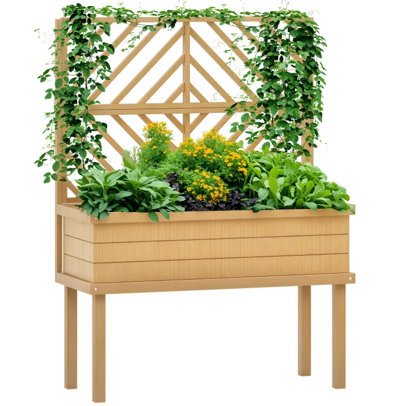 Elevated Wood Planter with Trellis for Climbing Plants, Raised Garden Bed with Legs and Drainage Holes, Natural Wood