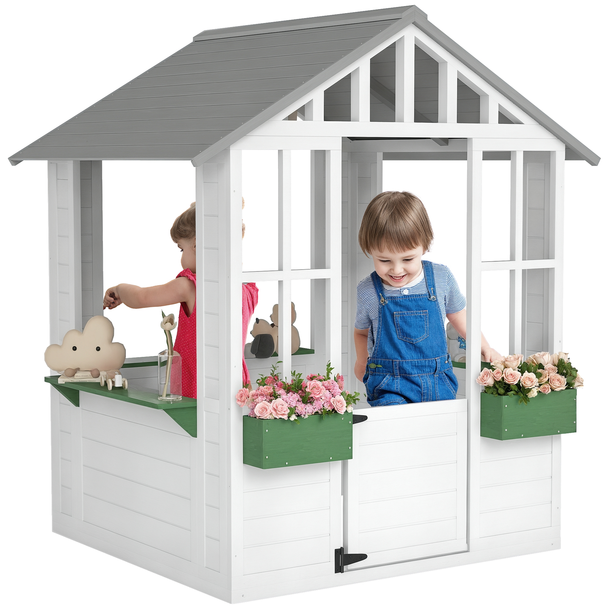 Kids Wooden Playhouse, Outdoor Garden Games Cottage with Flowers Pot Holder, Working Door, Windows, White