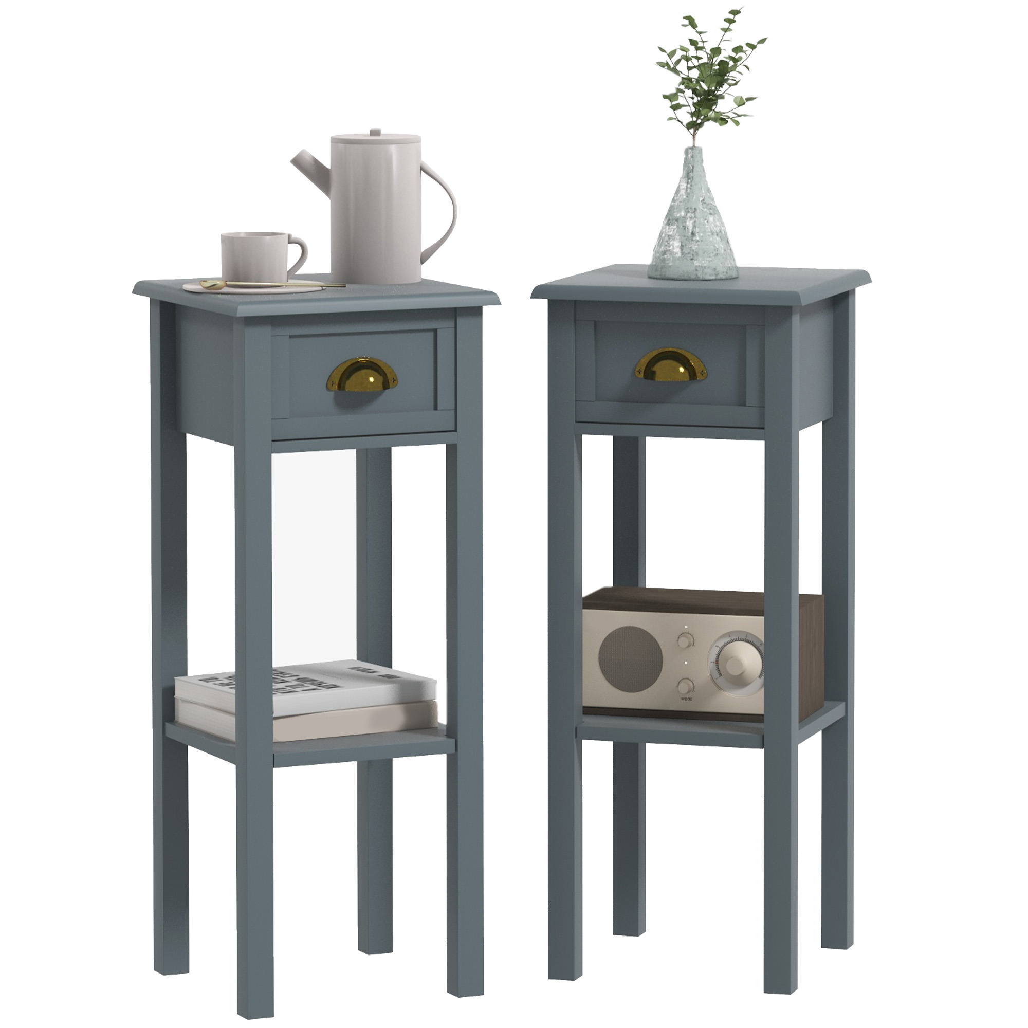 2-Tier Side Tables Set of 2 with Drawer and Shelf, 2 Pieces End Tables for Living Room and Hallway, Gray
