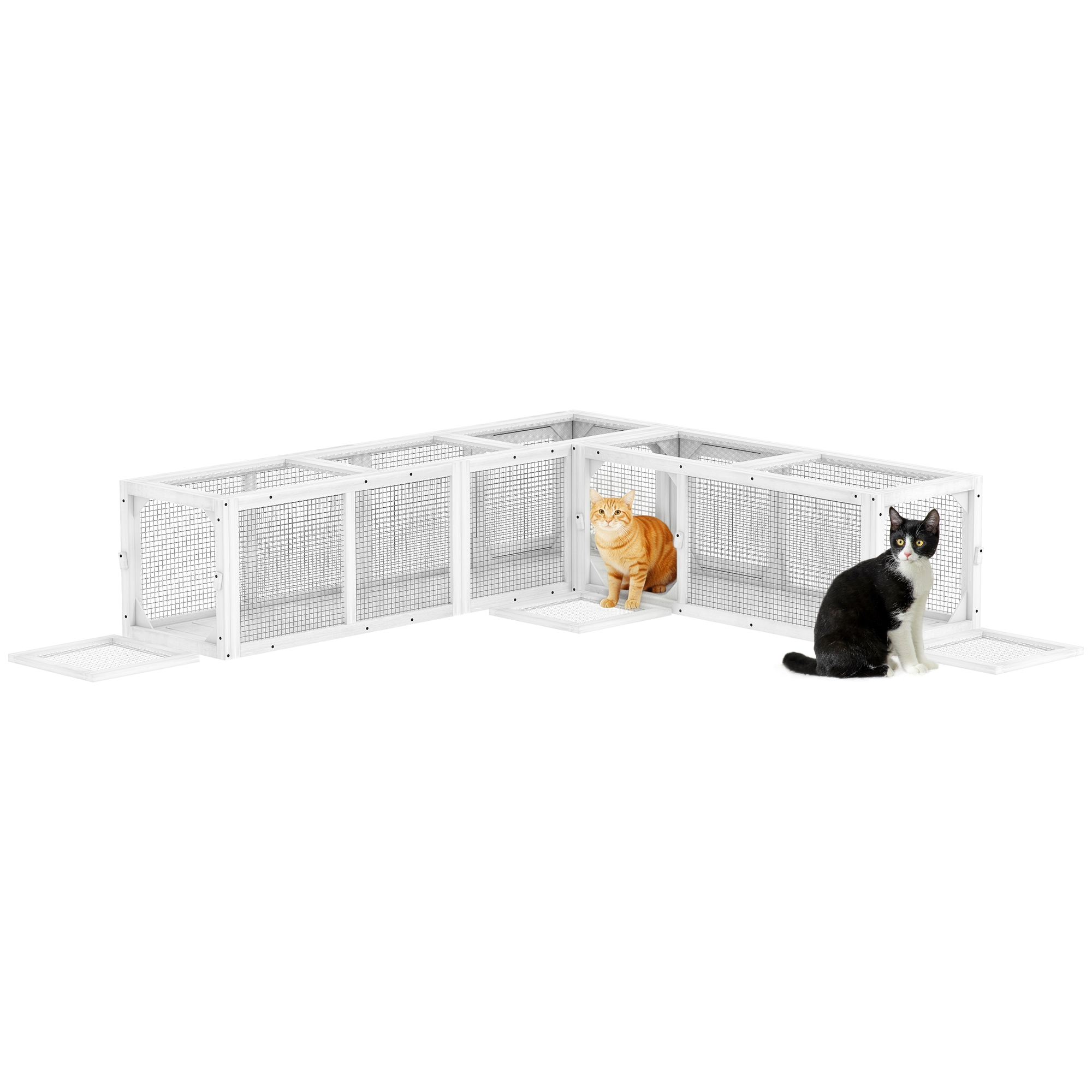 Wooden 98" Cat Tunnel for Outdoor with Combinable Design, 8 Doors, White