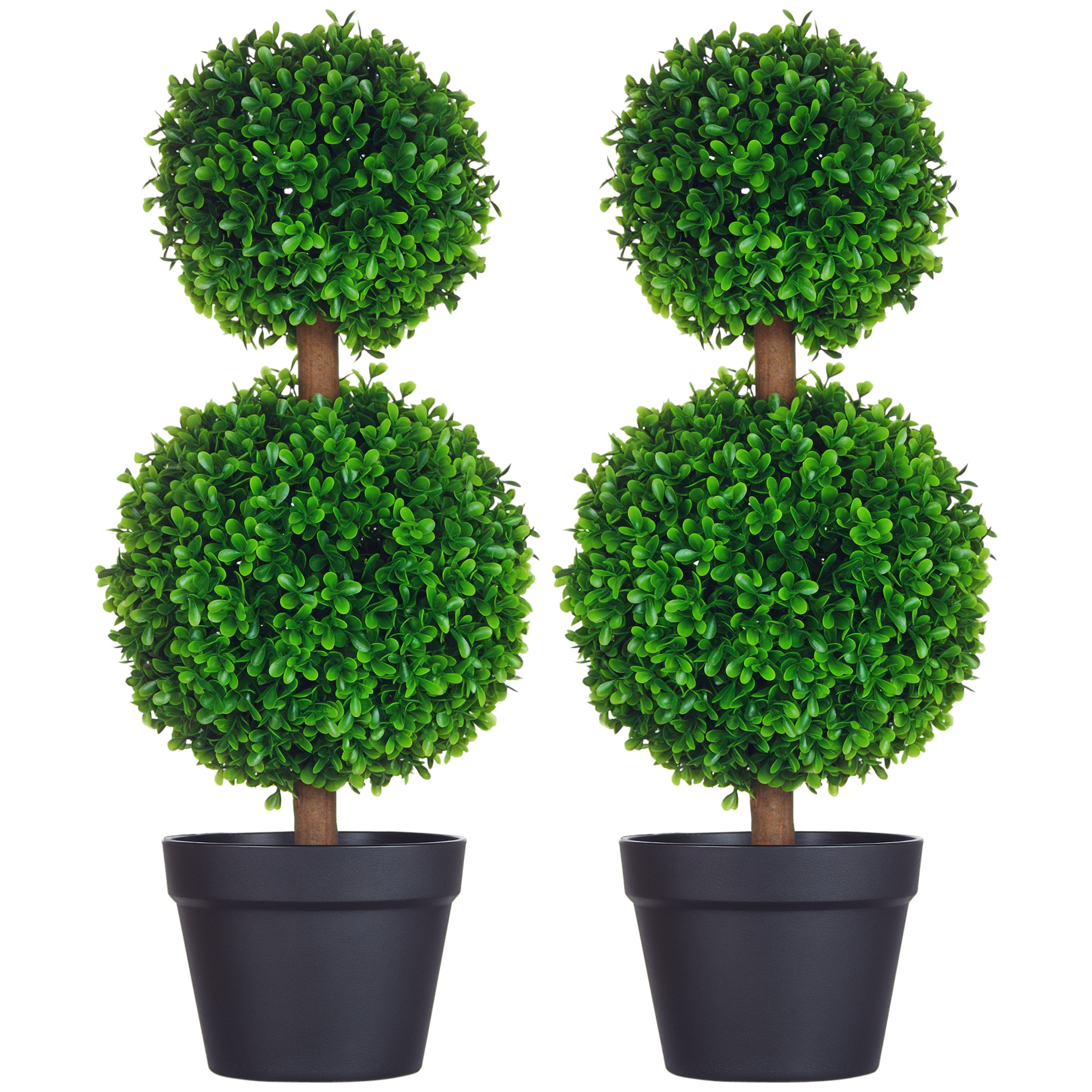 2 Pcs 23.6" Artificial Boxwood Ball Topiary Tree Set of 2 Fake Plants in Pot with Double Ball-Shaped Leaves Green