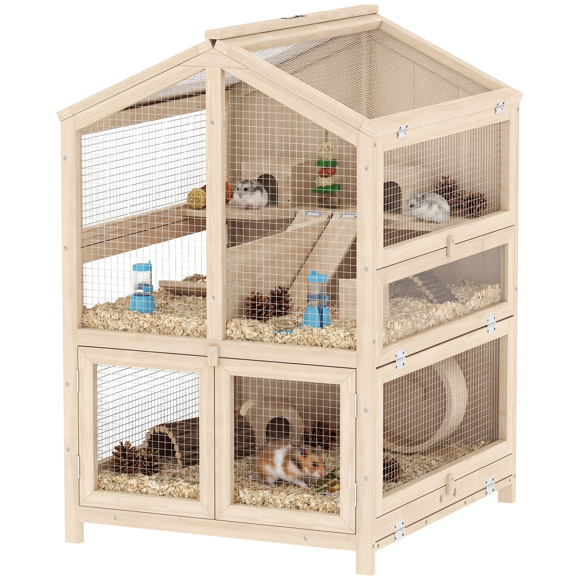 Wooden Hamster Cage, Large 3 Tier Hamster Cage w/ Pull-Out Tray, Openable Top, Hut, Seesaws, 26.8"L x 24.2"W x 35.4"H
