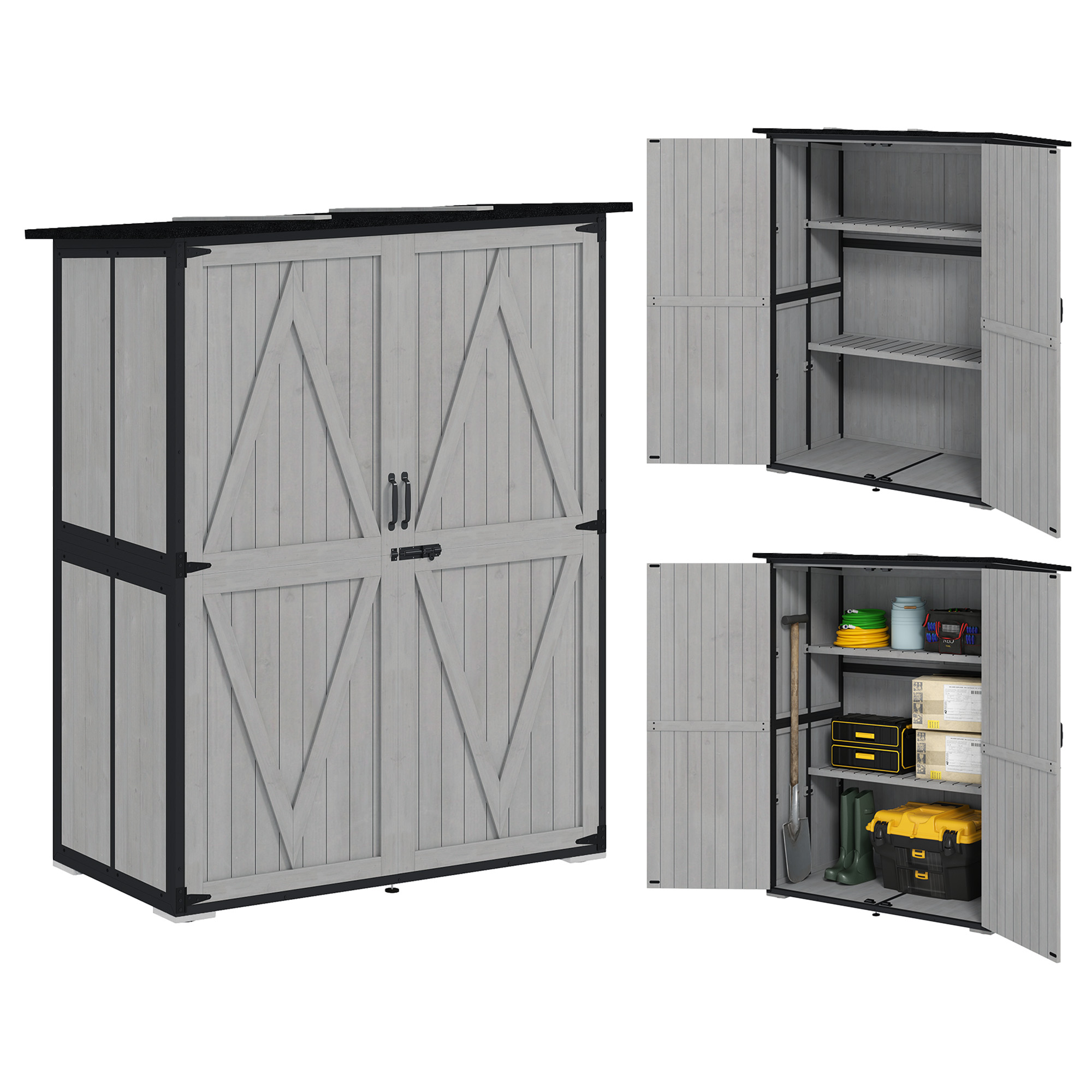 Wood Storage Shed, Outdoor Garden Shed with Asphalt Roof, 2 Shelves, Lockable Doors and Adjustable Feet, Gray