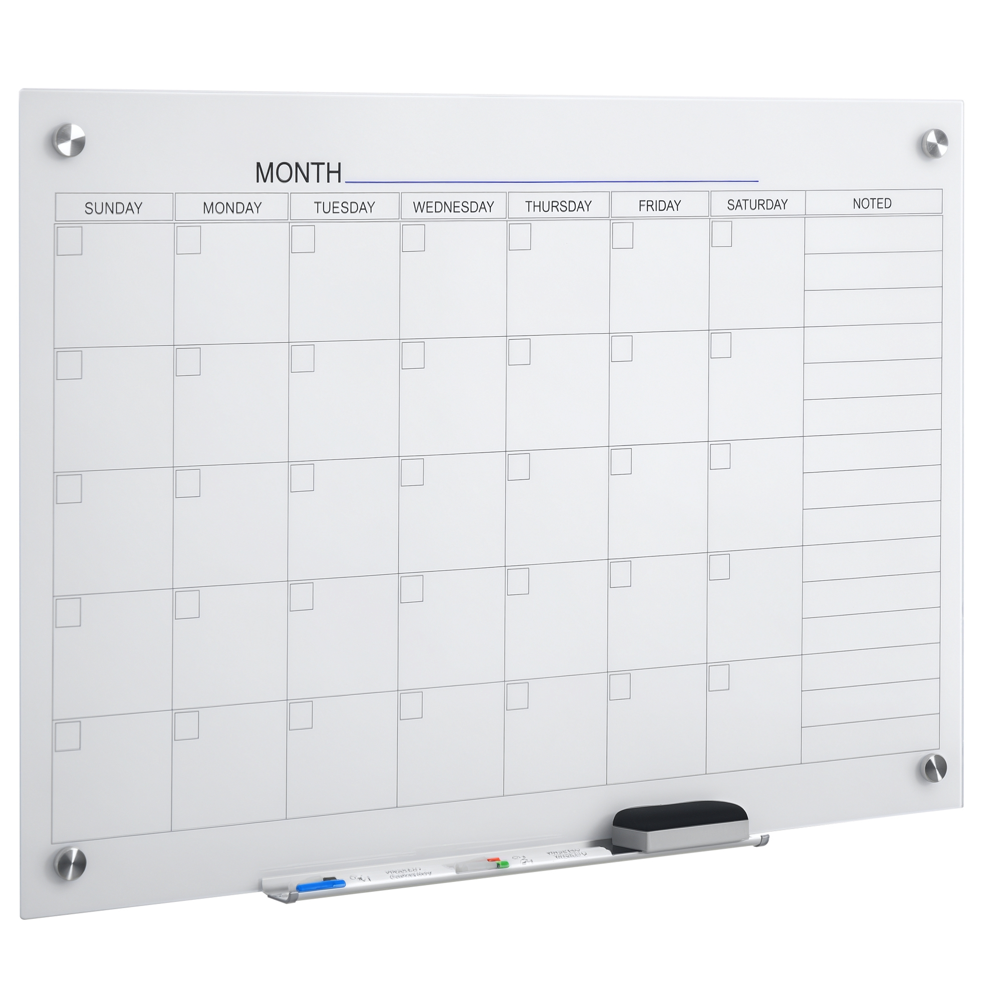 35"x23" Dry Erase Wall Calendar Glass Whiteboard Monthly Planner for Homeschool Supplies & Home Office Organization with 4 Markers and 1 Eraser,Frameless