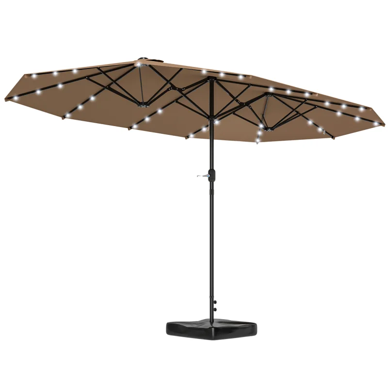 Garden Parasol 14.4 ft. Double-Sided Sun Umbrella with Base, Patio Parasol with LED Solar Lights, Khaki