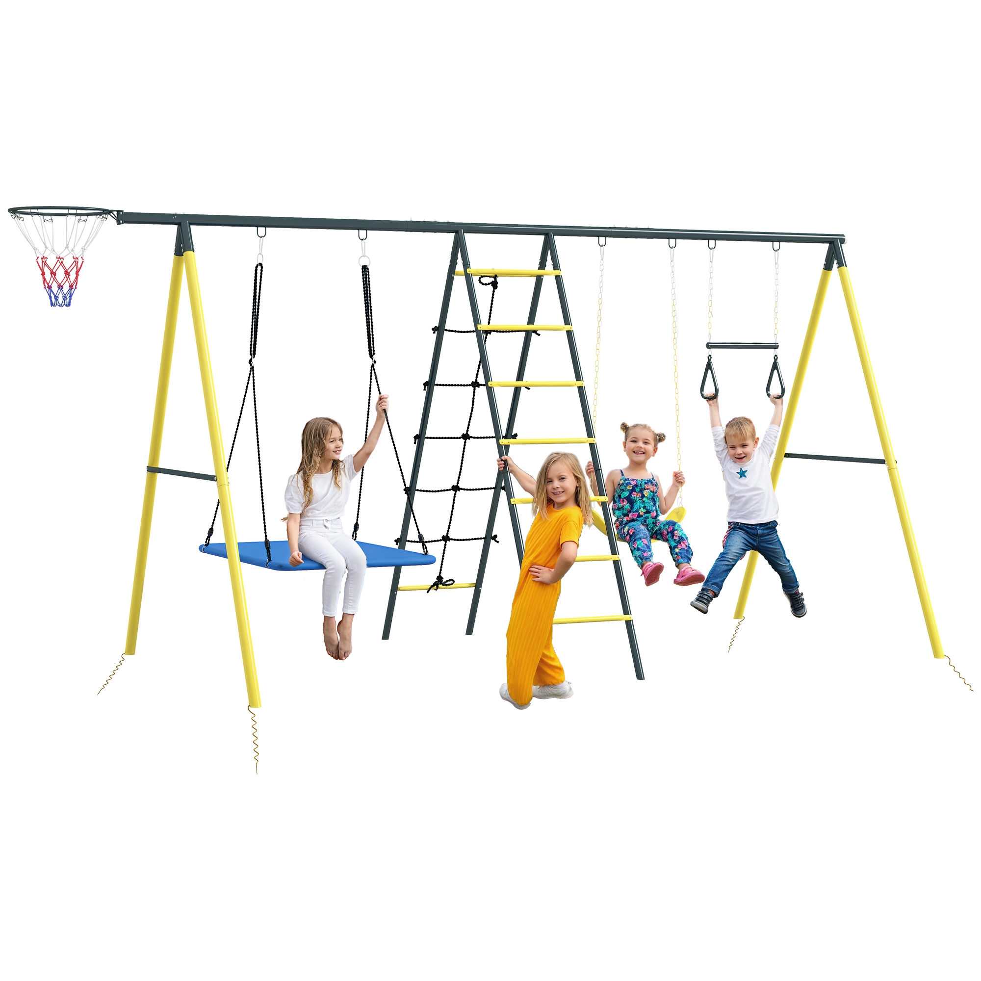 Metal Swing Set for Backyard 5 in 1 Design Holds up to 440 lbs. for Ages 3-8, Yellow