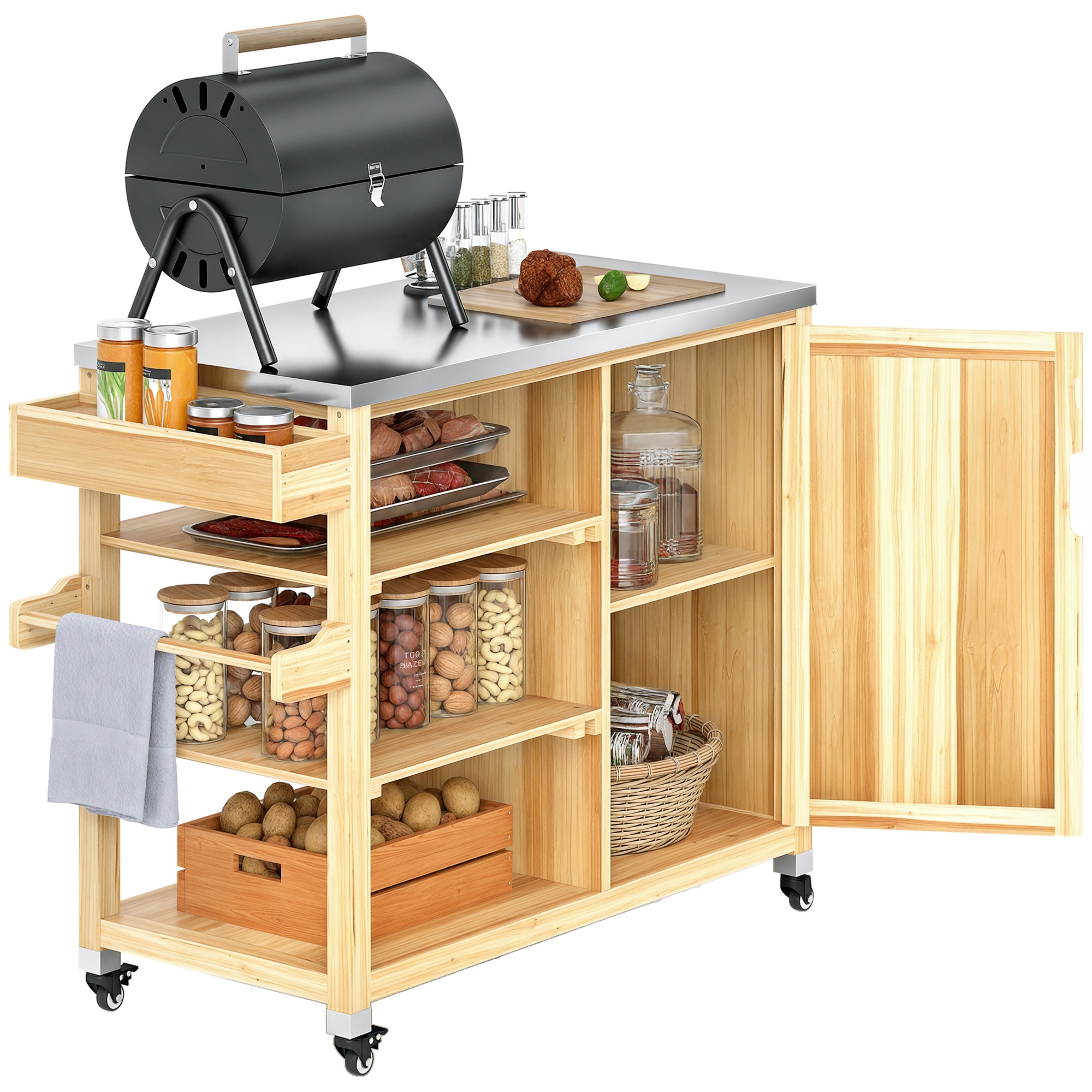 Outdoor Grill Cart with Stainless Steel Top, Solid Wood Outdoor Kitchen Island with Wheels, Natural Wood
