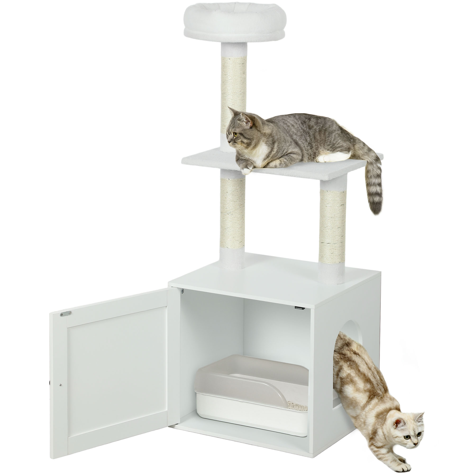 Cat Tree with Litter Box Enclosure, Scratching Posts, Bed, Climbing Platforms for Indoor Cats, White