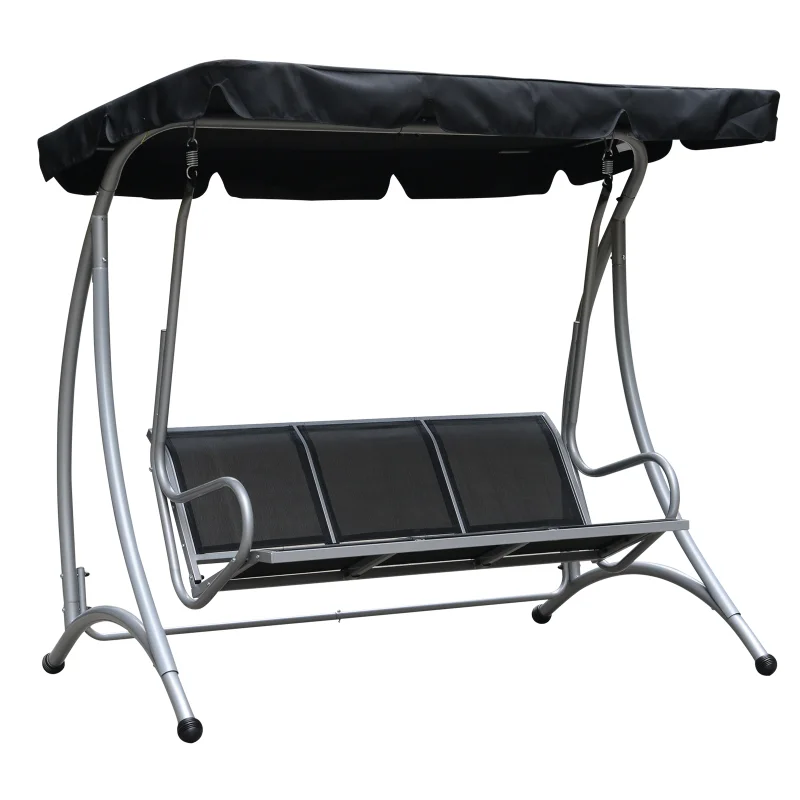  3-Seat Outdoor Porch Swing Chair, Patio Swing Glider with Adjustable Canopy, Breathable Seat, and Steel Frame for Garden, Poolside, Backyard, Black
