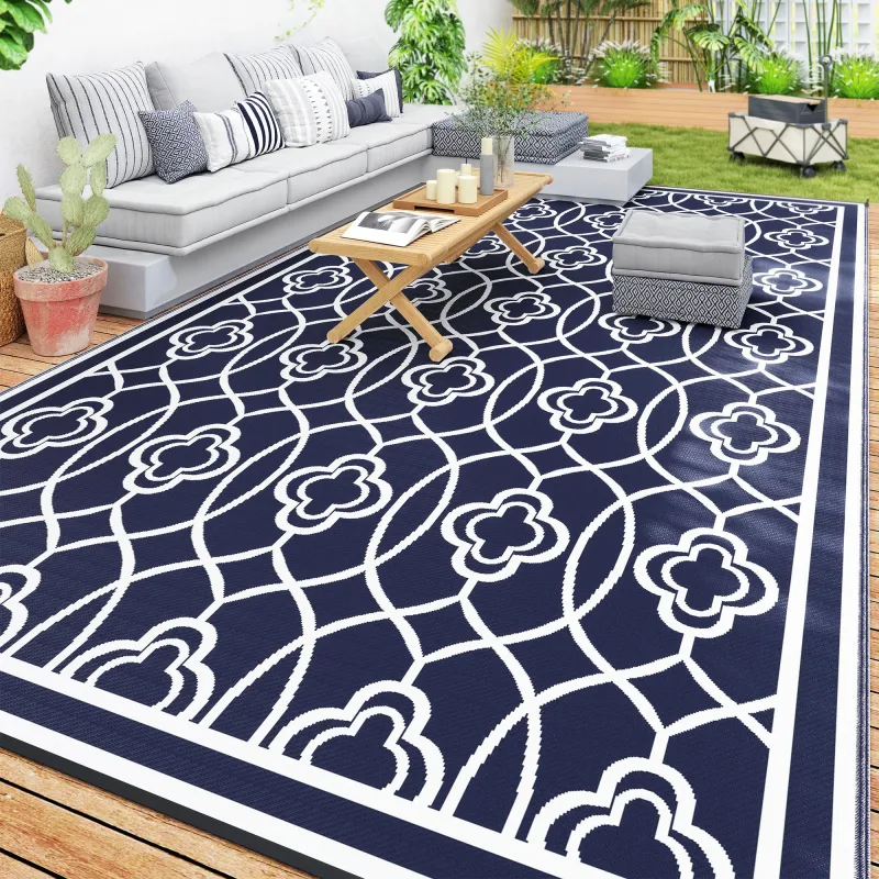 Reversible Outdoor Rug, Waterproof Plastic Straw with Carry Bag, 9' x 18', Blue & White Lantern