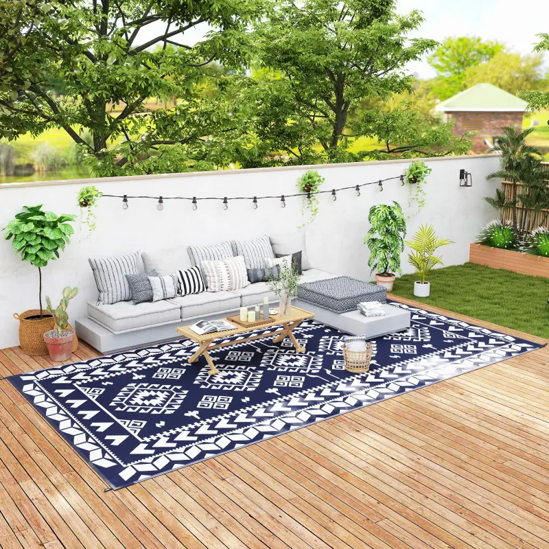 Reversible Outdoor Rug, Waterproof Plastic Straw with Carry Bag, 9' x 18', Blue & White Rhombus Patchwork