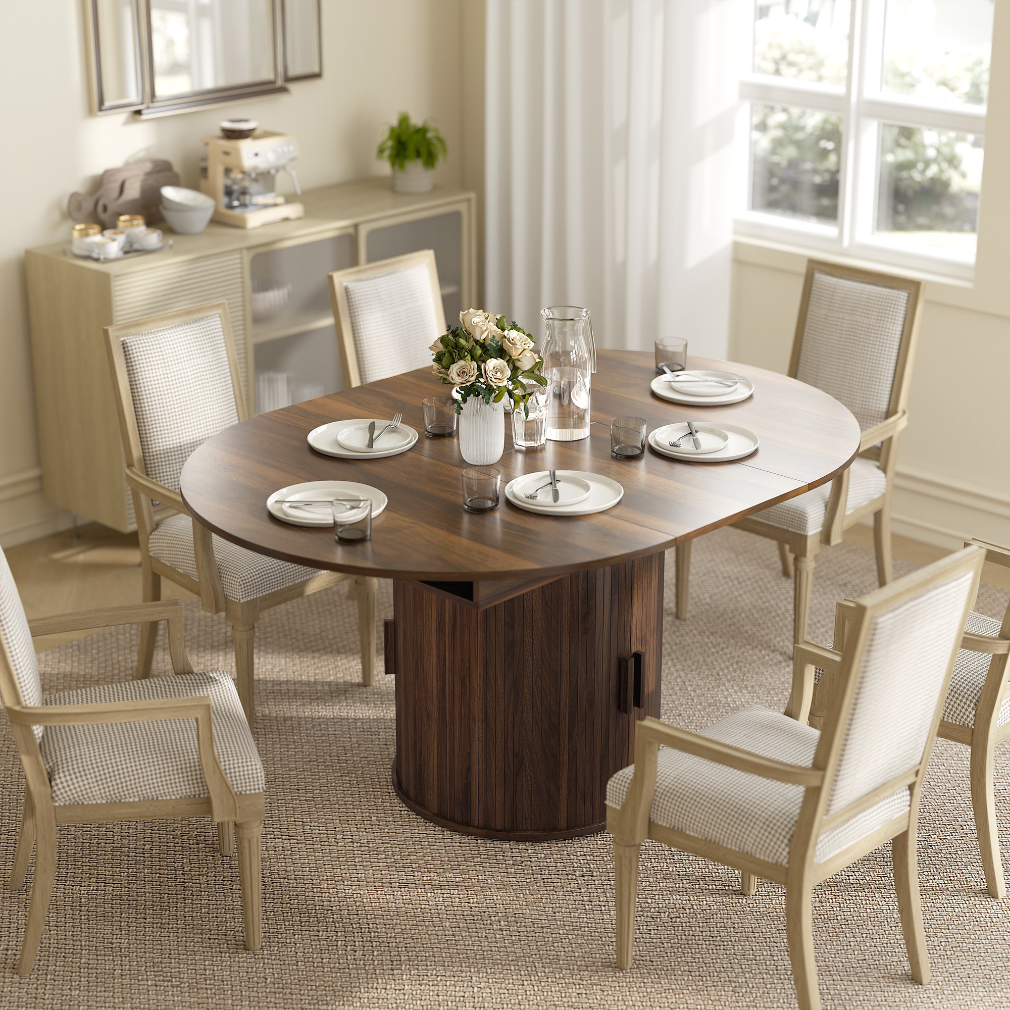 Extendable Dining Table for 6, 60" Farmhouse Kitchen Table with 2-Tier Storage Shelf and Fluted Sliding Doors, Walnut