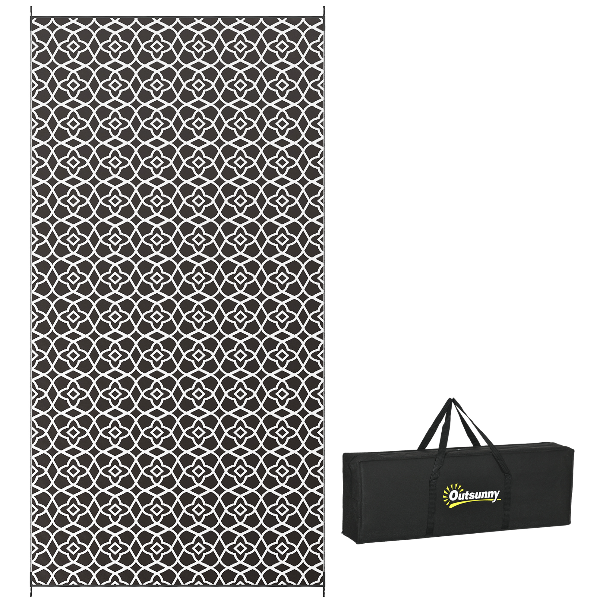 Reversible Outdoor Rug Carpet RV Camping Rugs with Carry Bag, 9' x 18', Black & White Clover