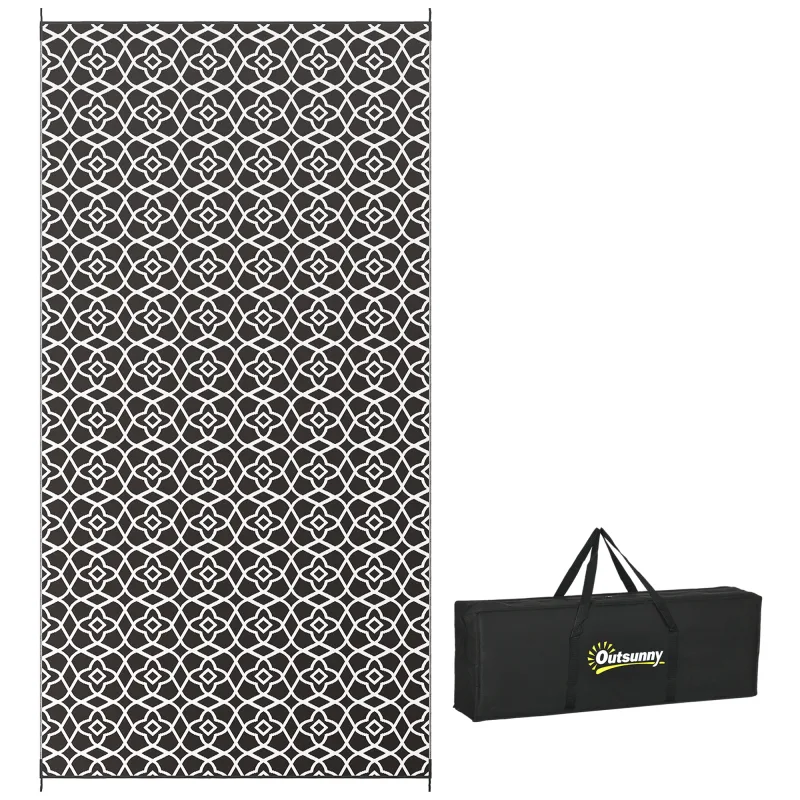  Reversible Outdoor Rug Carpet RV Camping Rugs with Carry Bag, 9' x 18', Black & White Clover