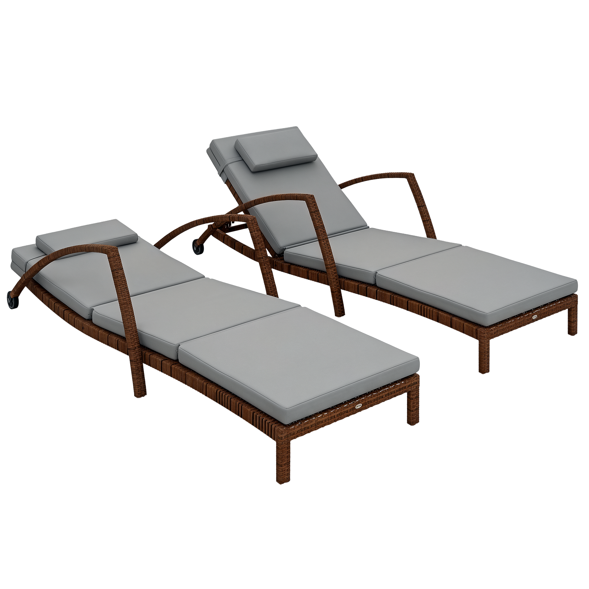 Set of 2 Wicker Chaise Lounge Chair Outdoor Patio Lounger with 5 Adjustable Back, Wheels, Cushion, and Armrests, Gray
