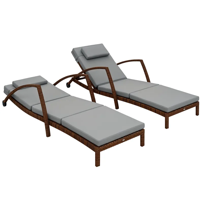 Set of 2 Wicker Chaise Lounge Chair Outdoor Patio Lounger with 5 Adjustable Back, Wheels, Cushion, and Armrests, Gray