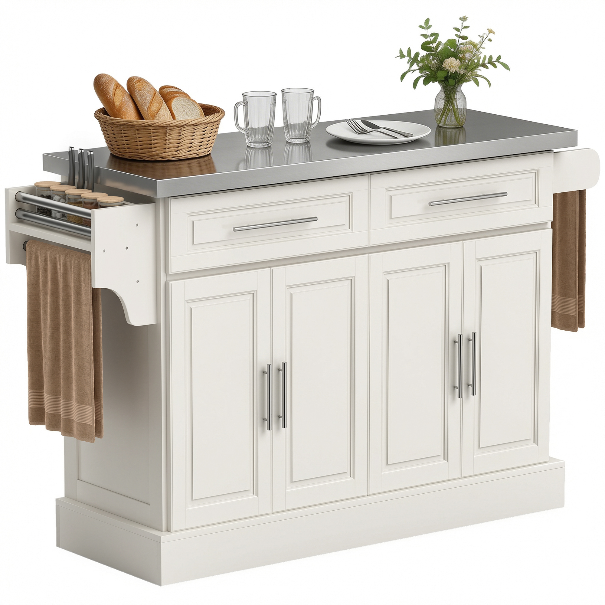 Rolling Kitchen Island with Stainless Steel Top, 2 Drawers, Spice, Knife and Towel Rack and Cabinets, Cream White