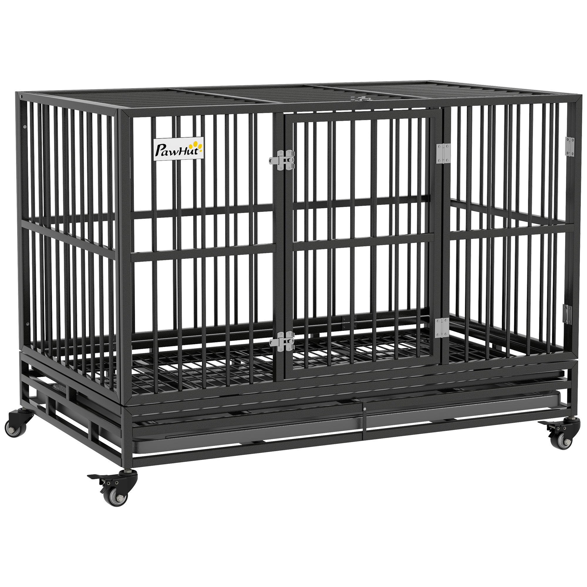 48" Heavy Duty Dog Crate Metal Cage Kennel with Lockable Wheels, Double Door and Removable Tray, gray