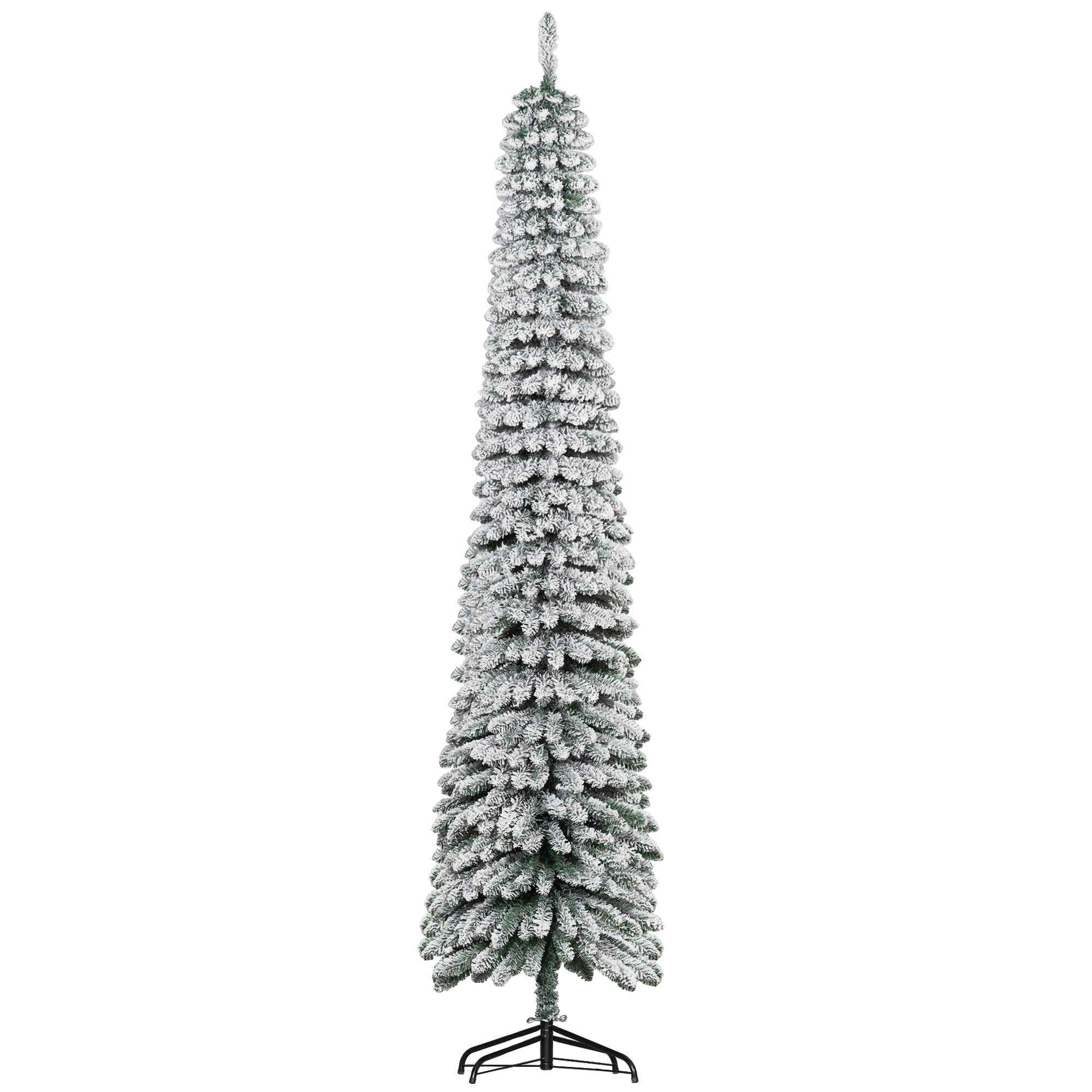 8' Tall Unlit Slim Pencil Xmas Tree, Snow Flocked Artificial Christmas Tree with Realistic Branches and 603 Tips, Green