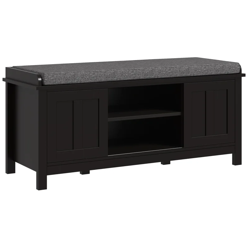 Modern Shoe Storage Bench, Entry Way Bench with Cushion, 2 Sliding Doors, Storage Ottoman Bench, Holds 10 Pairs, Black